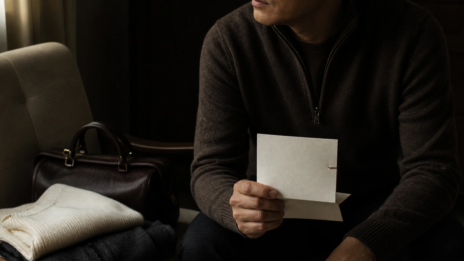 의자 옆의 옷과 작은 가방을 두고 출발 전 준비를 확인하는 남성