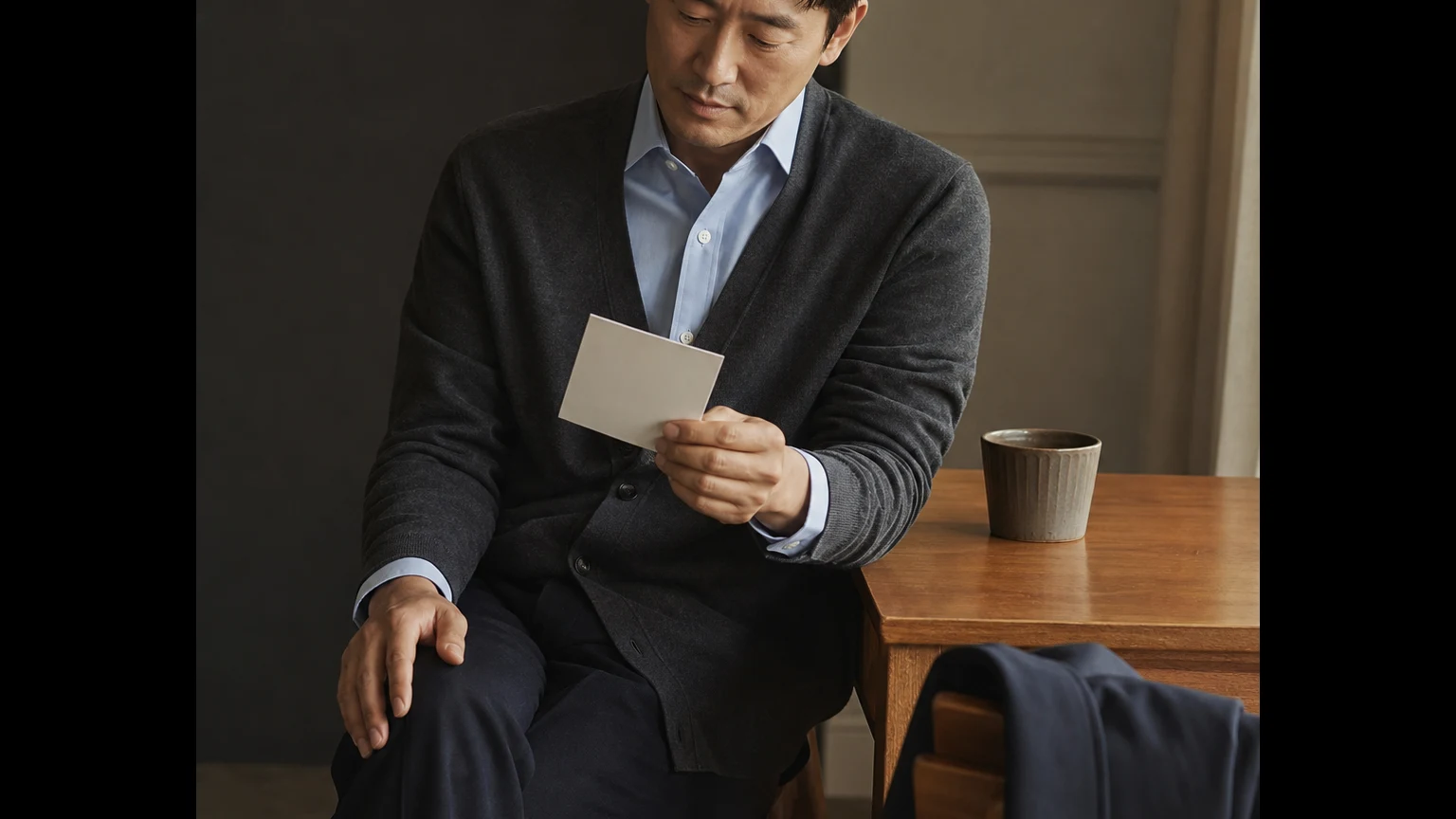 겉옷과 무문자 일정 카드를 곁에 두고 출근 전 복장 조건을 확인하는 가디건 차림의 남성