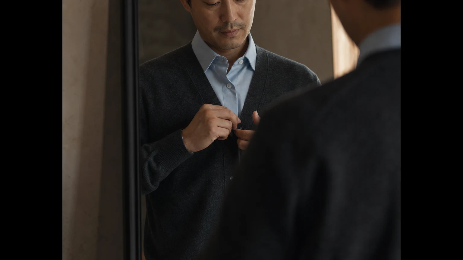 거울 앞에서 가디건 단추와 셔츠 칼라의 관계를 확인하는 남성
