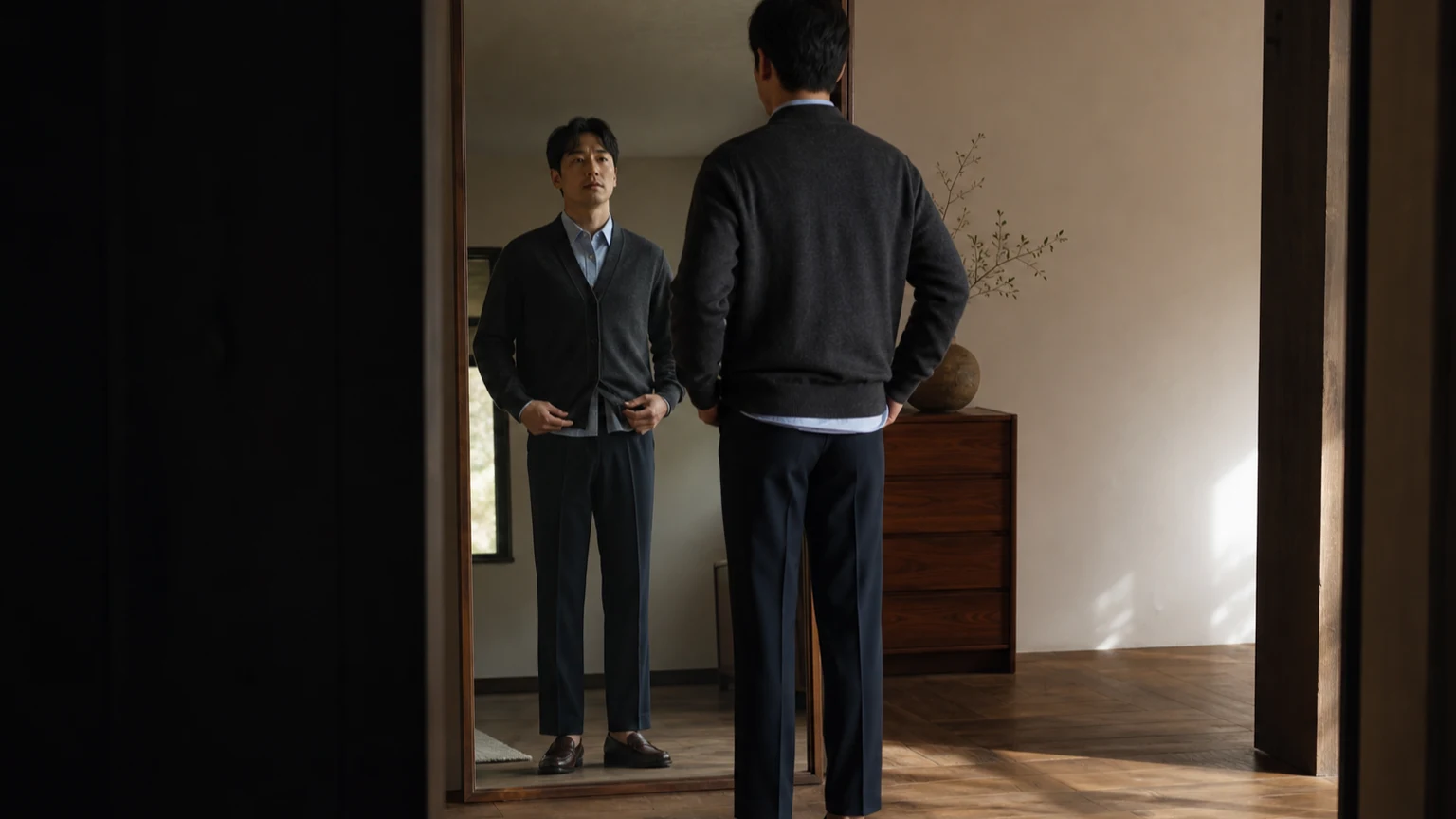 전신 거울 앞에서 가디건과 셔츠, 바지의 연결을 확인하는 남성
