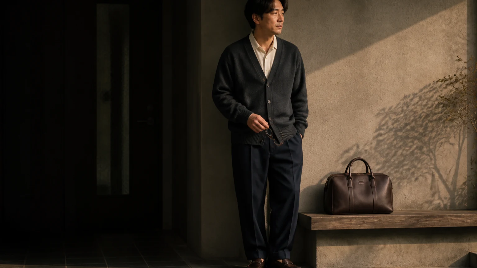 신발과 작은 가방을 곁에 두고 가디건 차림의 한 요소를 정리하는 남성