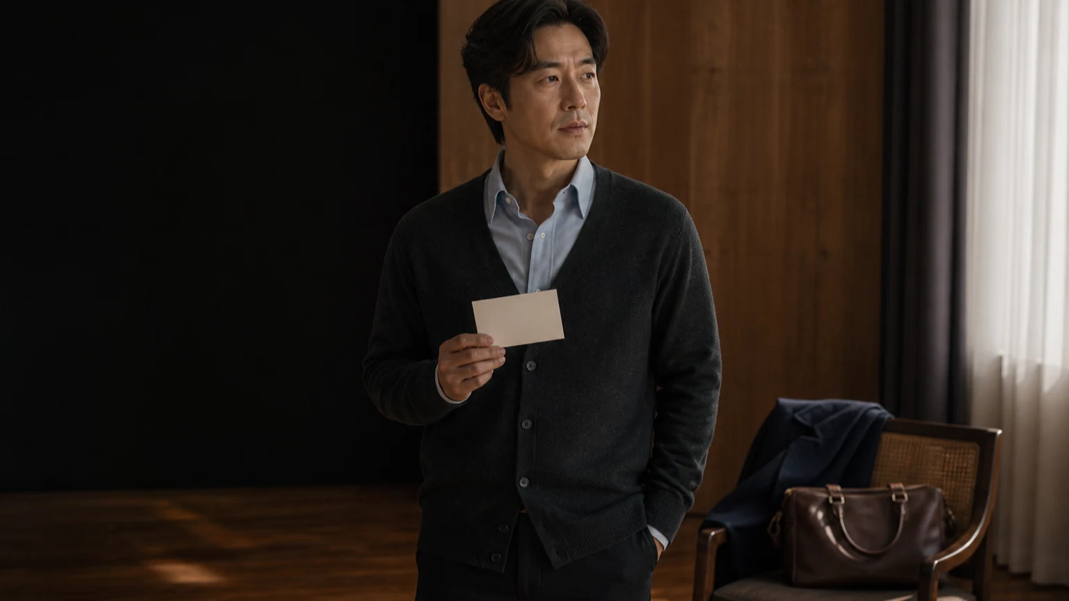 겉옷과 작은 가방을 곁에 두고 출발 전 준비를 확인하는 가디건 차림의 남성