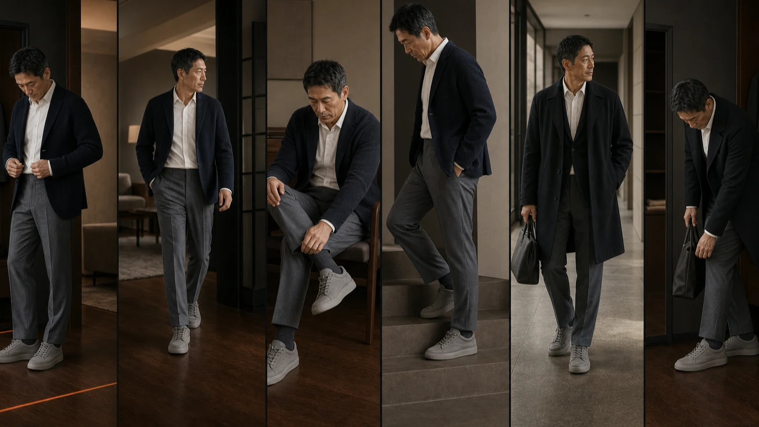 웜 오프화이트 셔츠와 미드 그레이 팬츠, 단색 스니커즈를 착용한 남성이 현관·실내 평지·의자·계단·업무 공간에서 걷기와 착석 뒤 밑단·양말·끈 상태를 확인하는 연속 장면