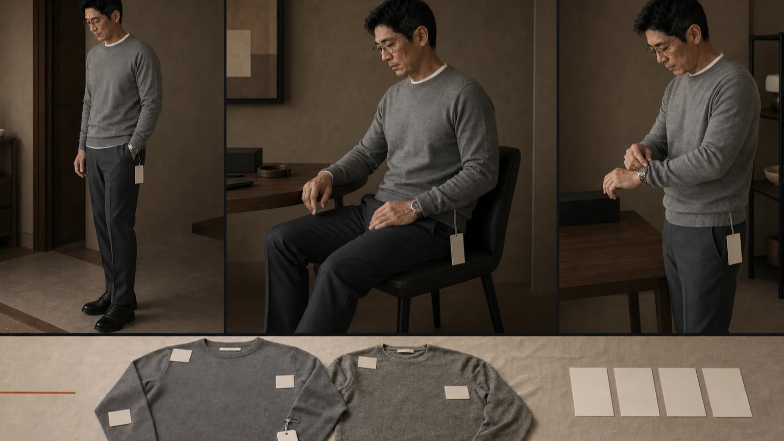 오프화이트 이너와 회색 니트, 차콜 슬랙스 차림의 남성이 택이 붙은 수령 니트와 기준 니트의 어깨와 가슴, 소매, 밑단을 서기와 앉기, 팔 굽히기 조건에서 비교하는 장면