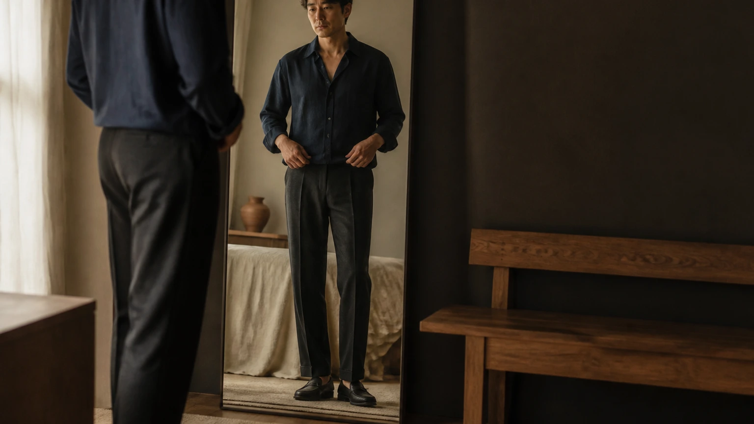 전신 거울 앞에서 열린 칼라 셔츠와 바지의 연결을 차분히 확인하는 남성