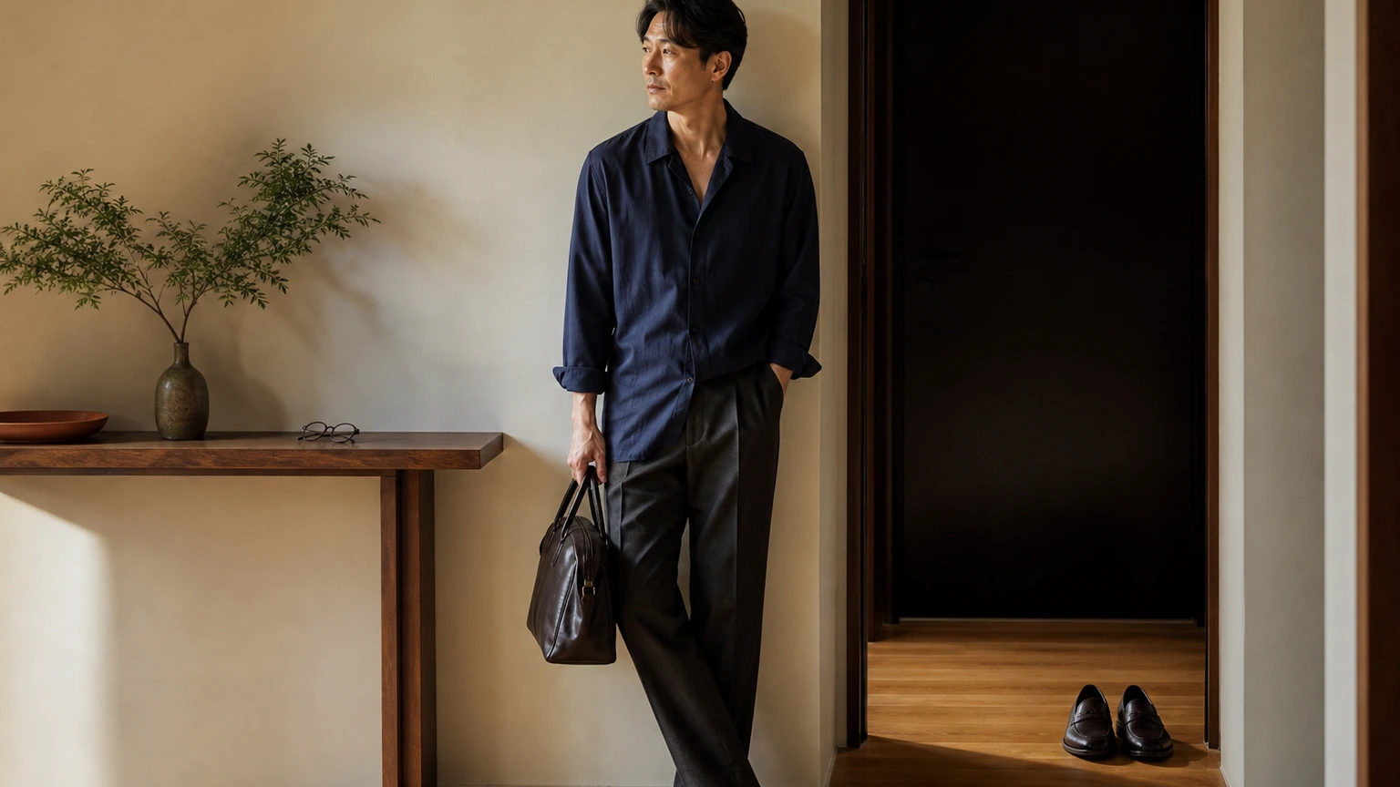 신발과 작은 가방을 곁에 두고 열린 칼라 셔츠 차림의 한 요소를 정리하는 남성