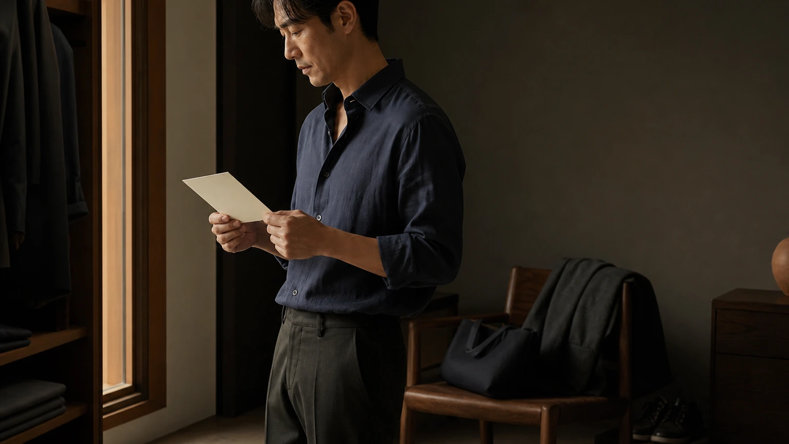 겉옷과 작은 가방을 곁에 두고 출발 전 다음 옷차림을 확인하는 남성
