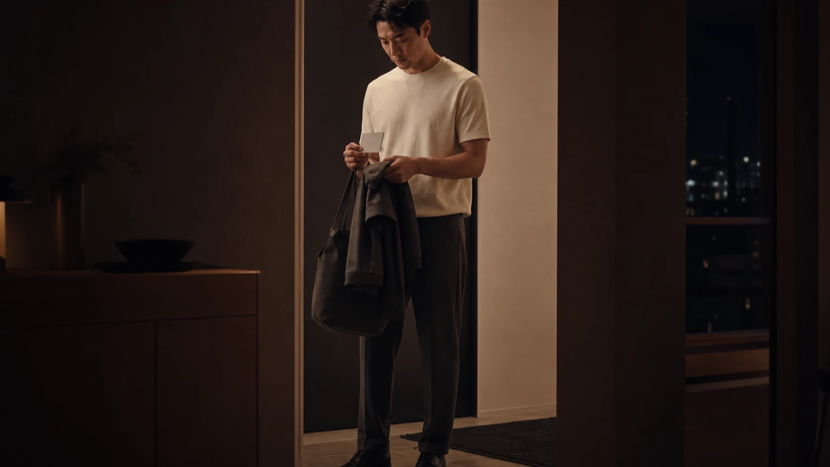 야외 영화 관람 전 현관에서 가방과 겉옷, 무문자 안내 카드를 함께 확인하는 남성