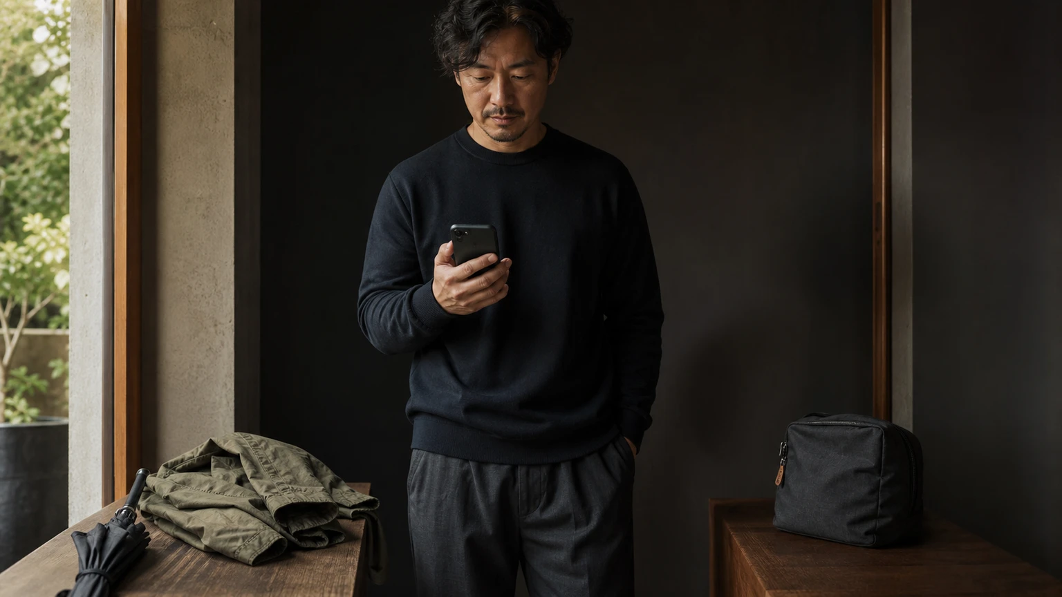 날씨에 맞춘 겉옷과 소지품을 준비하는 야외 콘서트 전의 남성