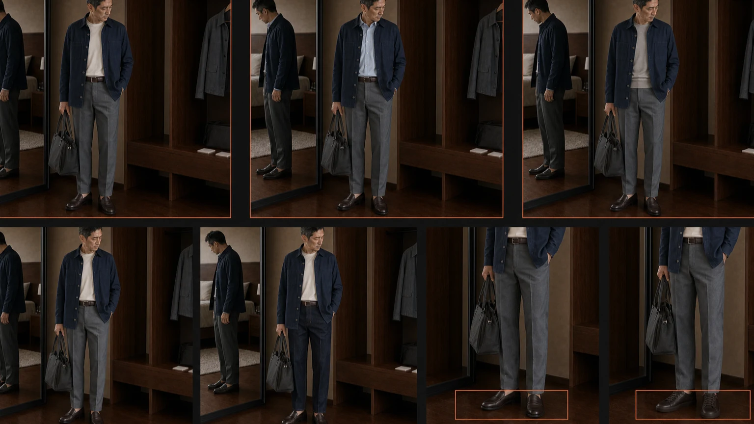 같은 네이비 오버셔츠를 입은 남성이 오프화이트 티셔츠·블루 셔츠·회색 니트를 번갈아 입고 이어 회색 트라우저와 인디고 데님, 브라운 로퍼와 스니커즈를 한 요소씩 비교하는 장면