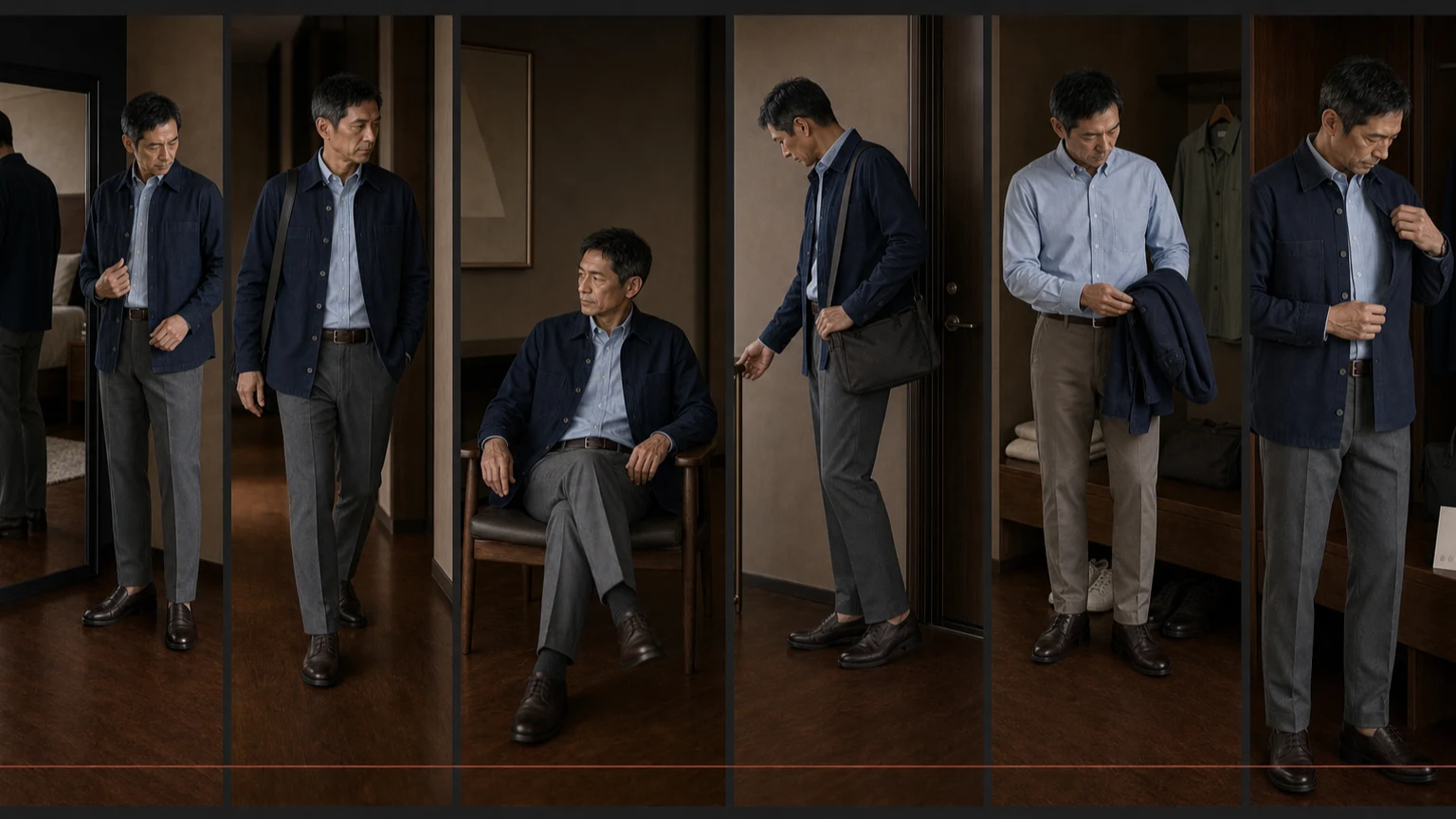 블루 셔츠와 네이비 오버셔츠, 회색 트라우저를 입은 남성이 현관에서 걷고 앉고 가방을 메고 오버셔츠를 벗은 뒤 귀가해 여밈·포켓·밑단과 케어라벨을 확인하는 연속 장면