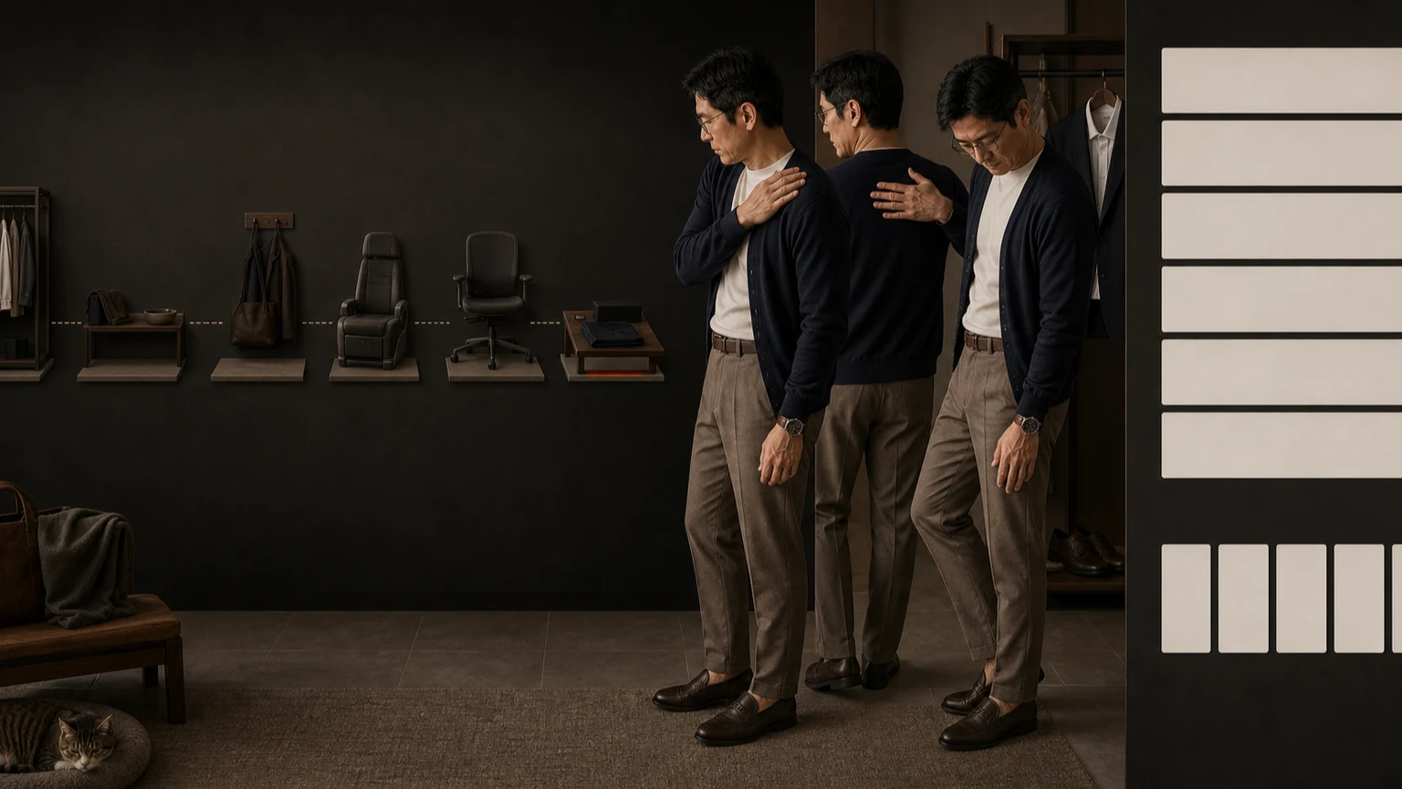 오프화이트 셔츠와 토프 치노, 네이비 가디건 차림의 남성이 옷장부터 현관·가방·차량·사무실까지의 접촉을 기록하고 한 벌·여러 벌·기기·사람·동물의 반복 신호를 문의 경로에 연결하는 장면