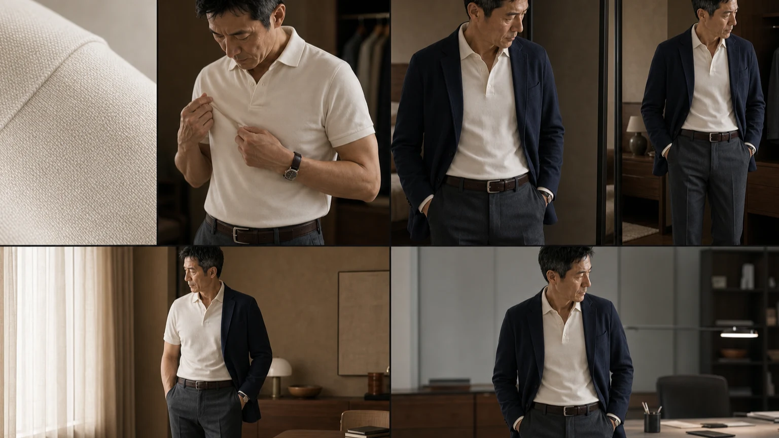 웜 오프화이트 폴로셔츠와 웜 그레이 이너를 입은 남성의 옷 표면을 매크로·팔 길이·대화 거리·상반신과 창가·사무실 조명에서 같은 카메라로 비교하는 장면