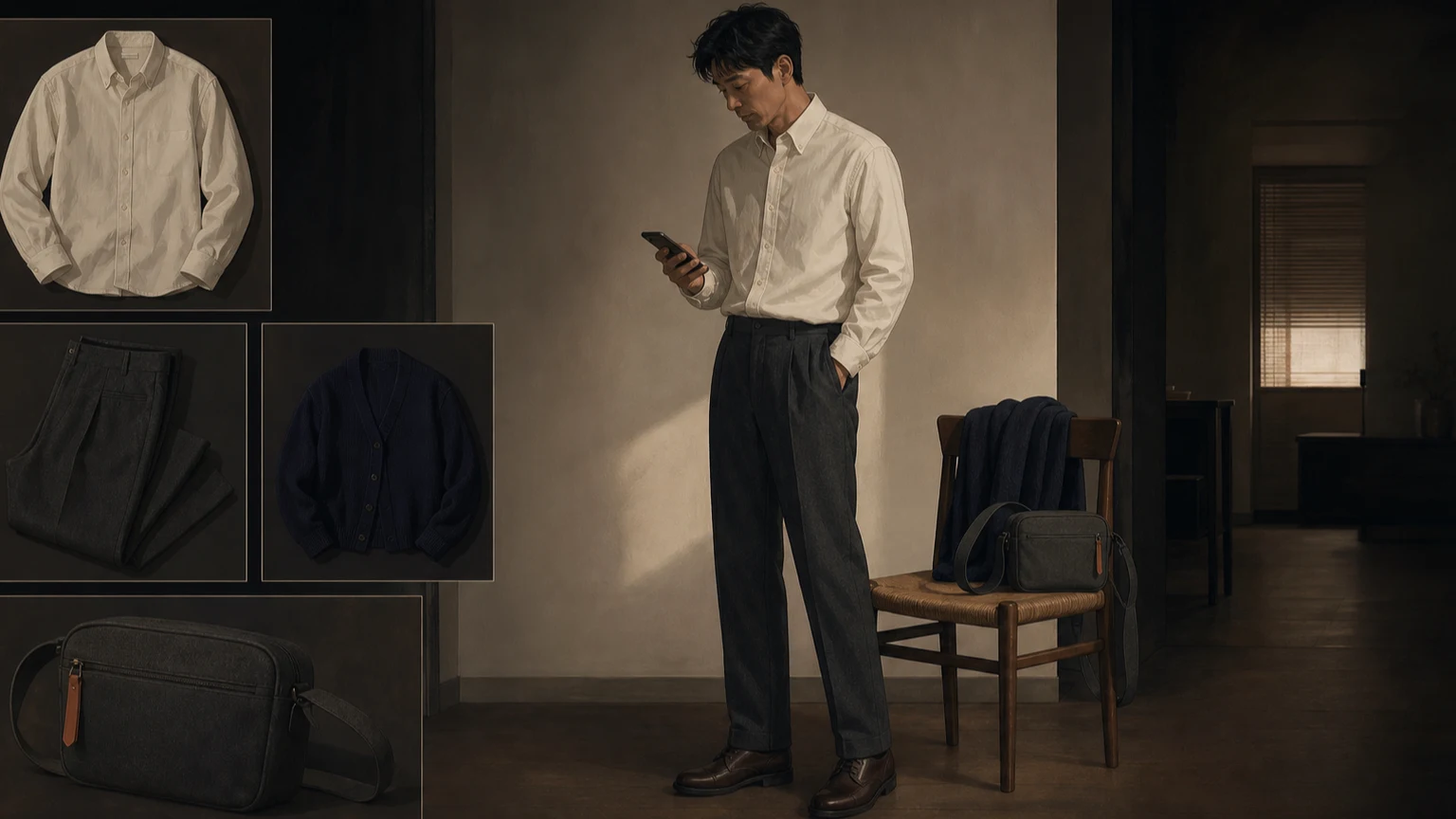 도예 클래스 전 예약 정보를 확인하며 차분한 옷과 작은 가방을 준비하는 남성