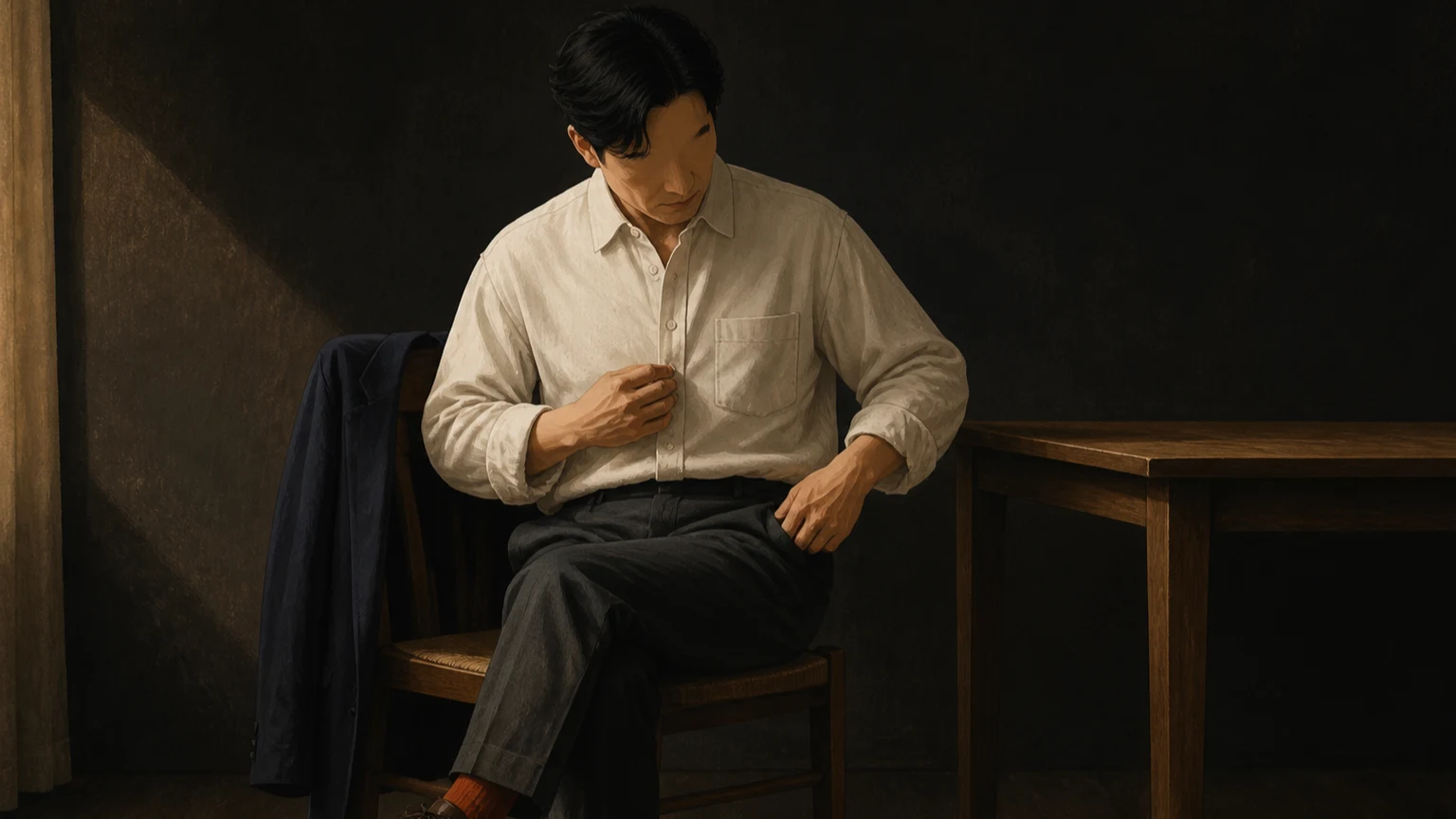 도예 클래스 전 소매와 앞섶, 주머니 상태를 확인하는 남성