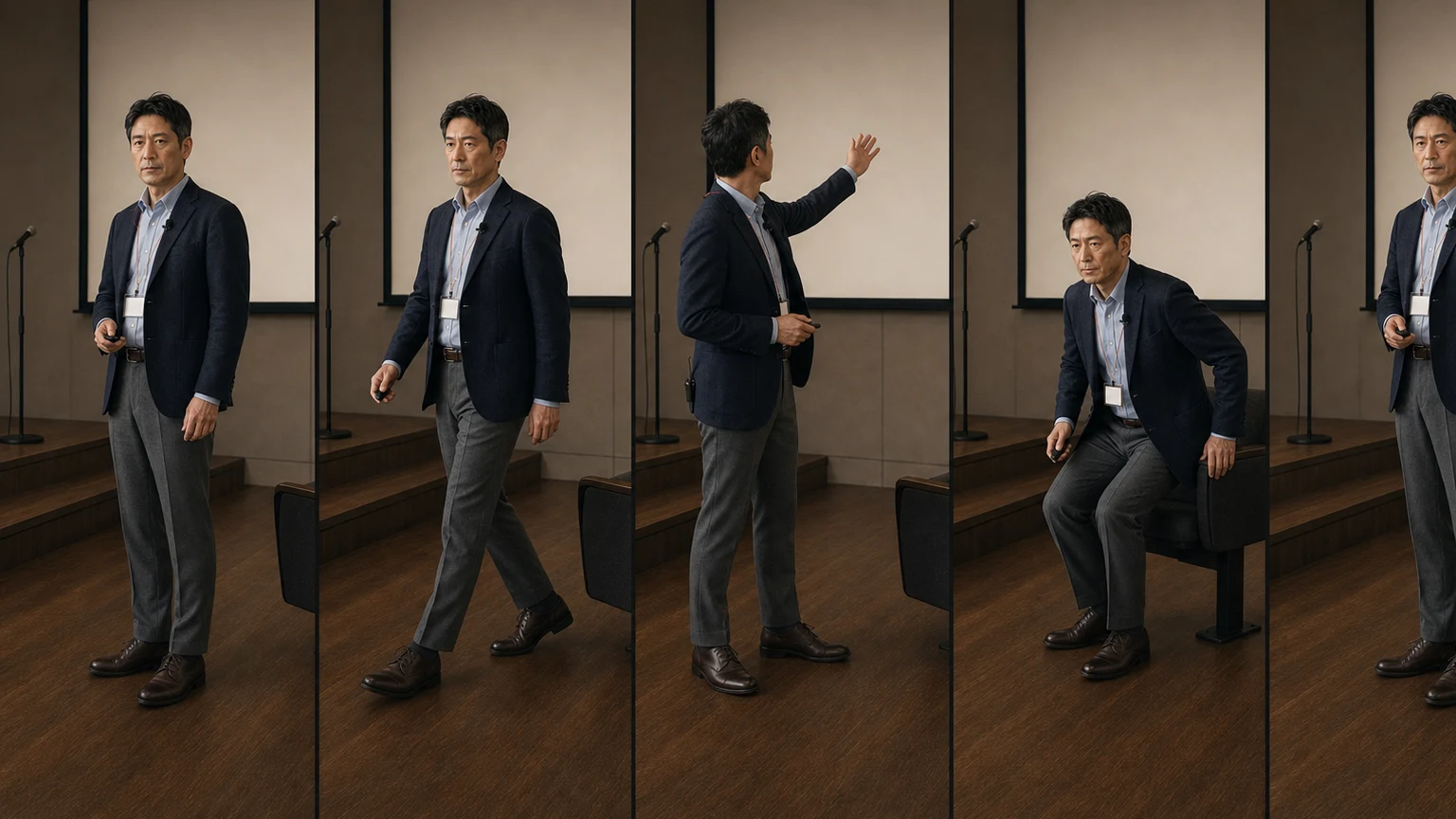네이비 재킷과 블루 셔츠, 그레이 팬츠를 입은 남성이 서고 걷고 팔을 들고 몸을 돌리고 앉으며 마이크와 명찰이 옷에 닿는 위치를 확인하는 연속 장면