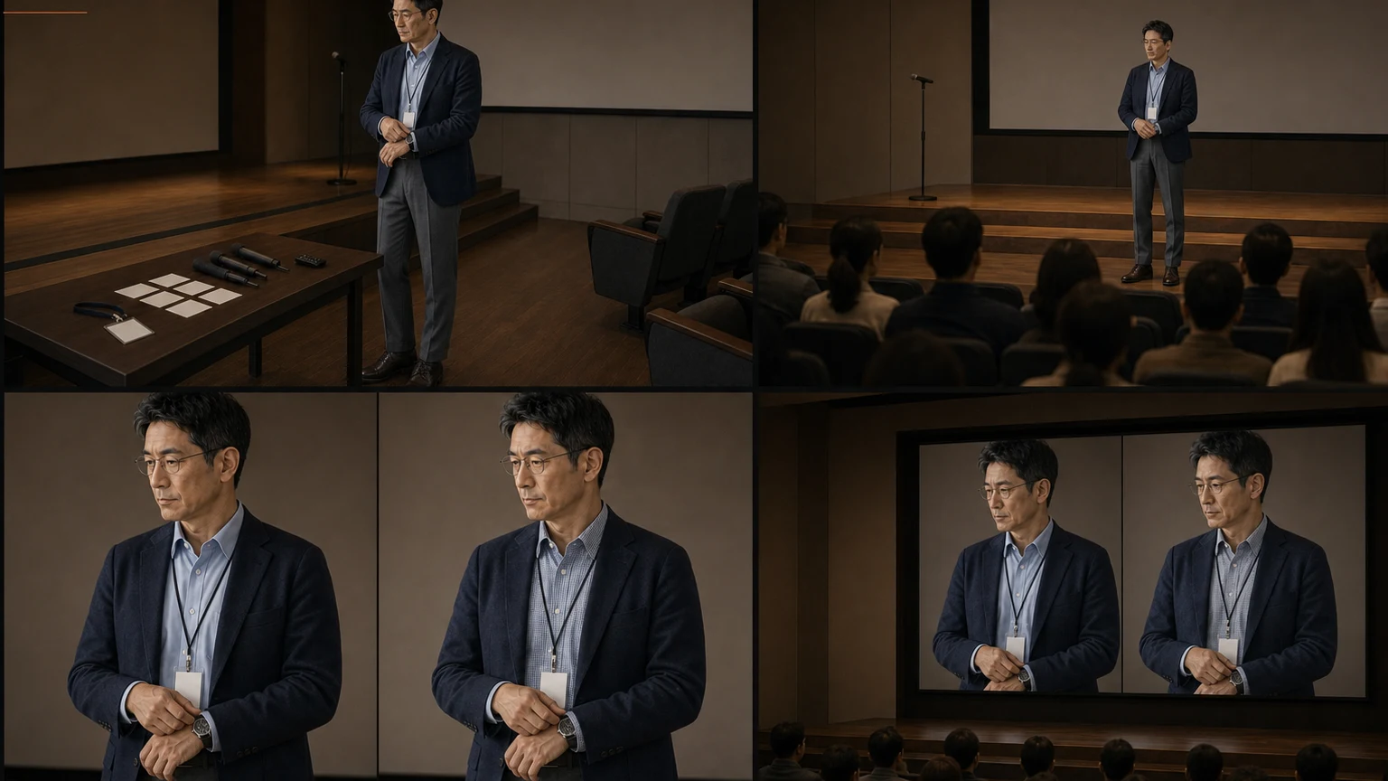 같은 네이비 재킷과 그레이 팬츠를 입은 남성이 블루 무지 셔츠와 잔체크 셔츠를 현장 전신과 카메라 상반신, 대형 화면에서 비교하는 개념 도식