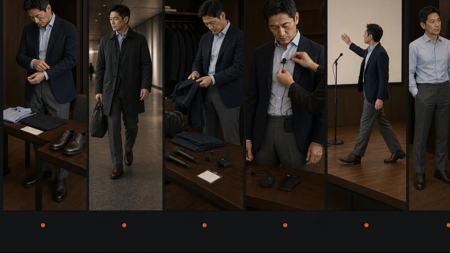네이비 재킷과 블루 셔츠, 그레이 팬츠를 입은 남성이 전날 옷 상태부터 이동과 도착, 마이크 착용, 발표와 후속 일정까지 순서대로 확인하는 장면