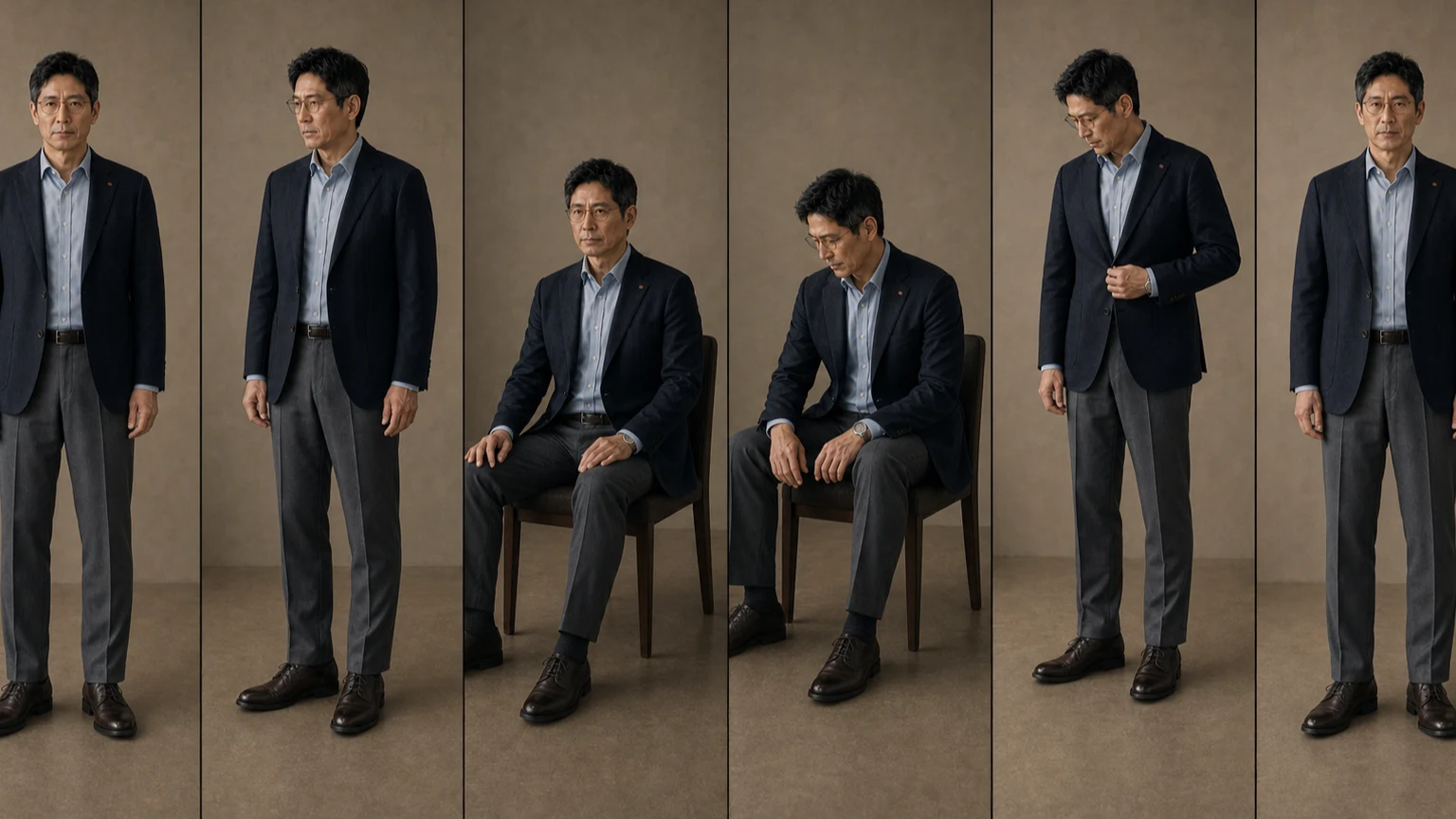 네이비 재킷과 블루 셔츠, 그레이 팬츠 차림의 같은 남성이 서고 몸을 조금 돌리고 앉아 팔 위치와 재킷 단추 상태를 바꾸며 옷의 선과 접촉을 확인하는 연속 장면