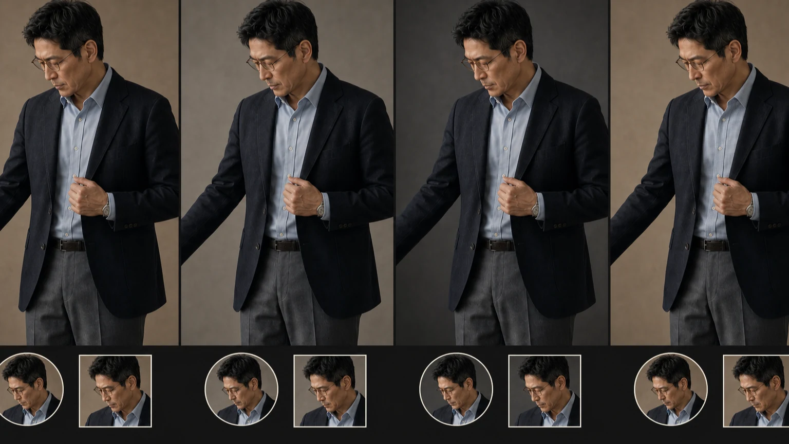 같은 네이비 재킷과 그레이 팬츠 차림의 남성이 기준 조명과 배경, 조명만 바꾼 조건, 배경만 바꾼 조건, 블루 셔츠를 잔체크로 바꾼 조건에서 촬영되는 비교 장면