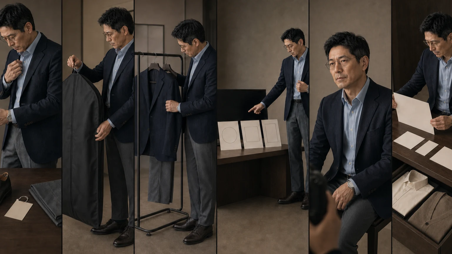 블루 셔츠와 네이비 재킷 차림의 같은 남성이 전날 옷 상태를 보고 이동과 보관, 도착 뒤 재확인, 테스트 촬영, 본 촬영, 여러 최종 크롭과 권리 확인을 거치는 타임라인
