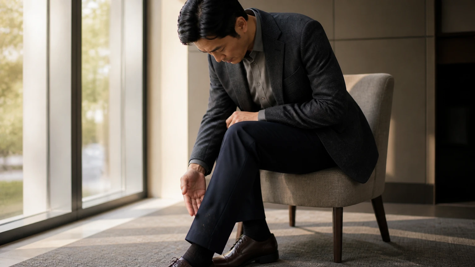 물튀김 자국이 있는 바지 밑단을 손대지 않고 가까이에서 확인하는 모습
