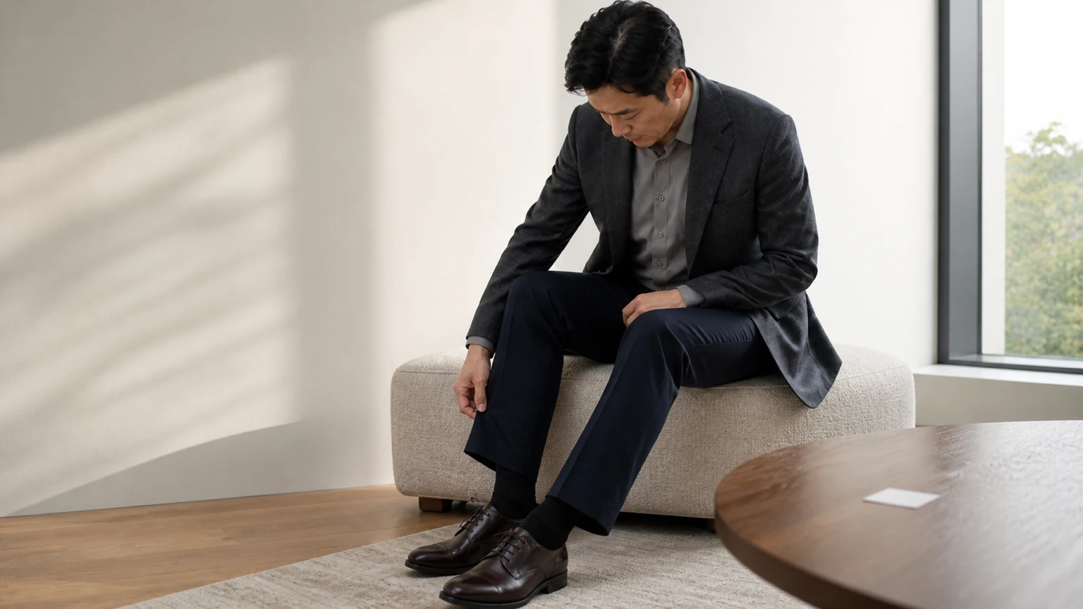 마른 뒤 자연광 아래에서 바지 밑단의 자국과 형태를 다시 확인하는 남성