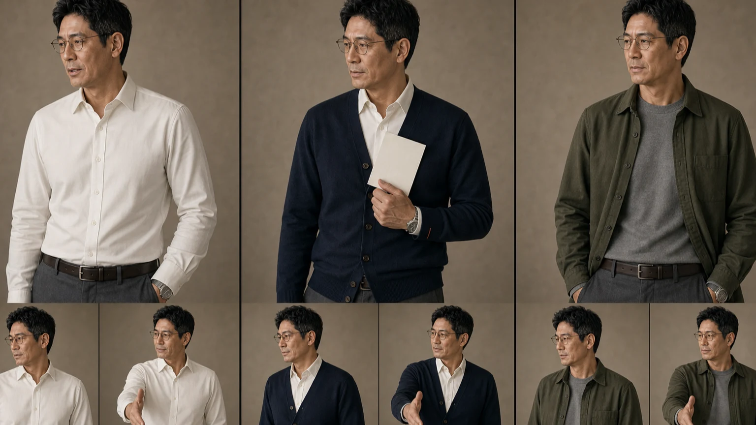 차콜 팬츠를 입은 같은 남성이 오프화이트 셔츠 단독과 네이비 가디건, 올리브 오버셔츠를 더한 상반신 세 안으로 말하고 팔을 움직이는 장면