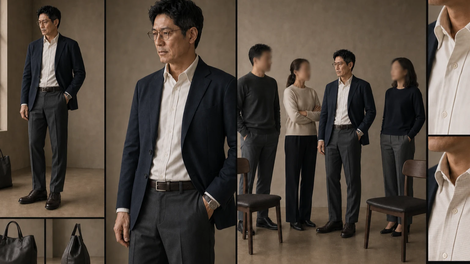 오프화이트 셔츠와 네이비 재킷을 입은 같은 남성이 자연광과 실내 조명, 작은 단체 사진 프레임에서 색과 패턴, 명찰 위치를 비교하는 장면