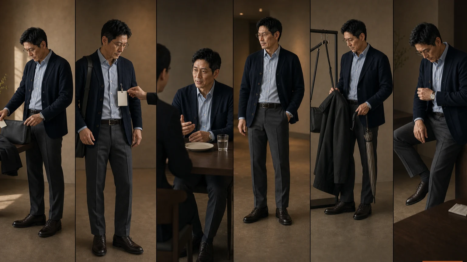 블루 셔츠와 네이비 가디건, 차콜 팬츠를 입은 남성이 출발부터 명찰 수령과 식사, 사진, 외투 회수, 귀가 뒤 옷 상태 확인까지 이어 가는 장면