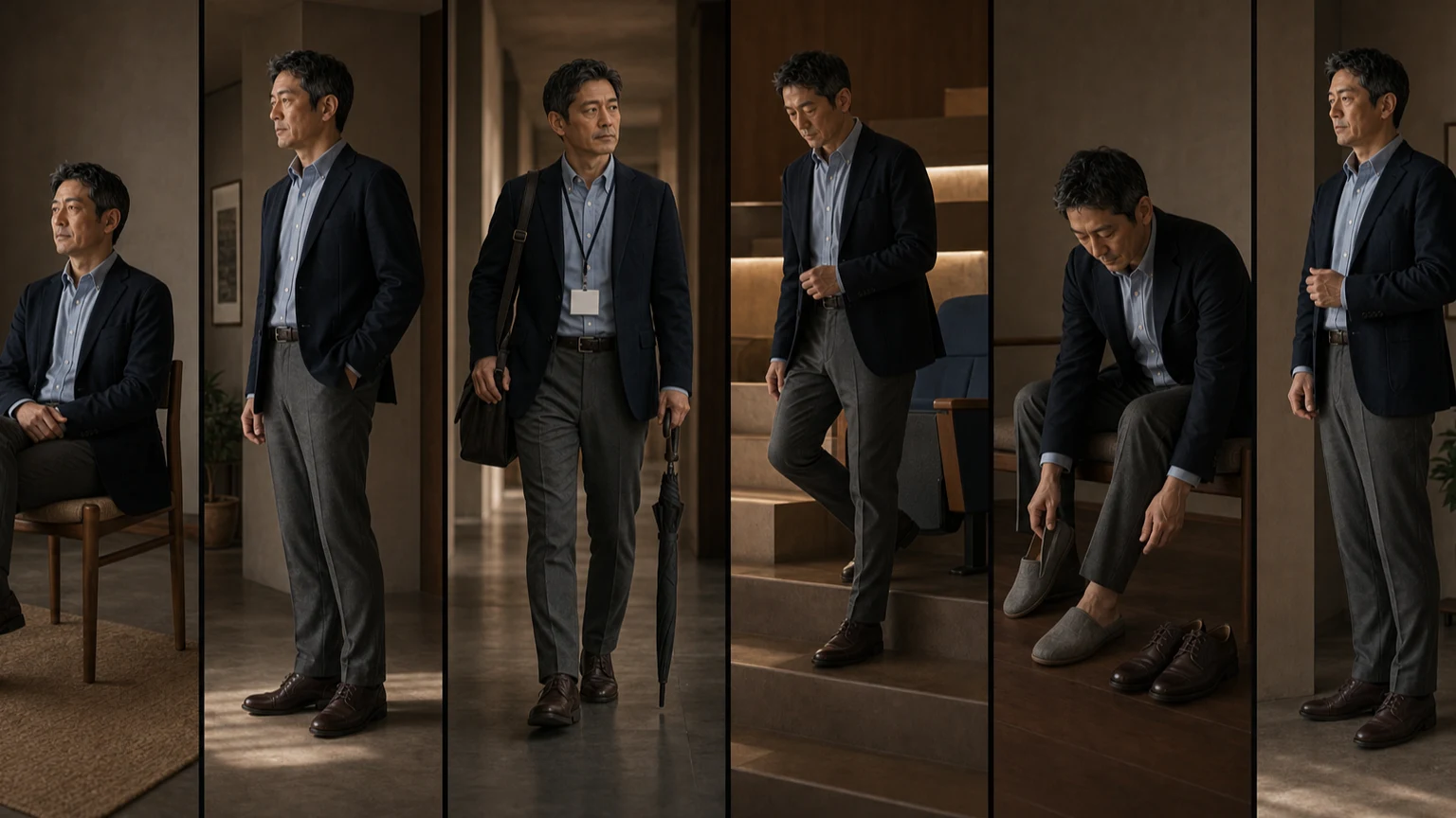 네이비 재킷과 블루 셔츠, 그레이 팬츠를 입은 남성이 앉고 일어서고 걷고 신발을 갈아 신으며 가방과 방문증이 옷에 닿는 위치를 확인하는 연속 장면