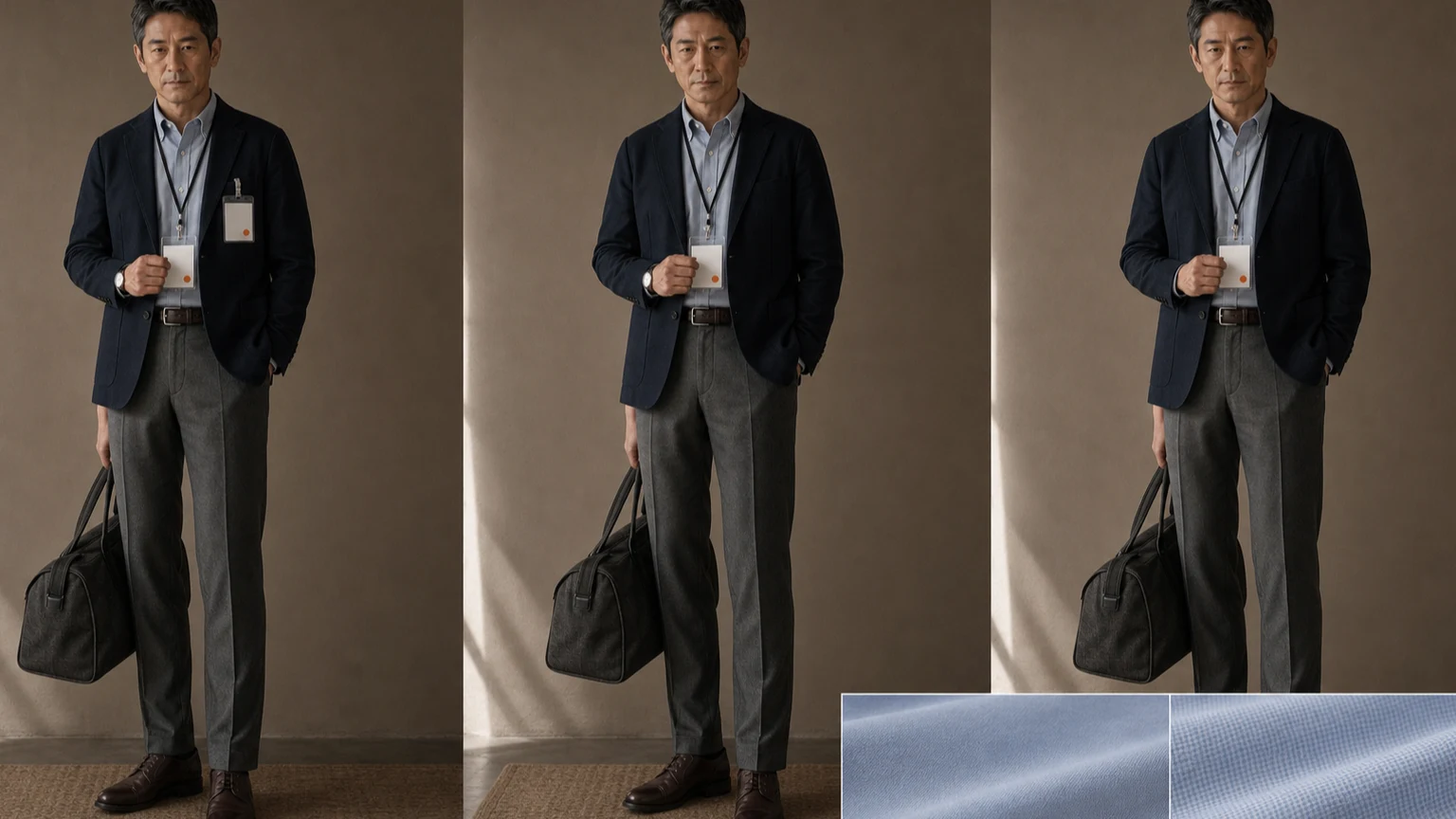 같은 네이비 재킷과 그레이 팬츠를 입은 남성이 가방 로고와 시계, 사원증, 학교 방문증의 겹침을 한 요소씩 줄여 비교하는 개념 도식