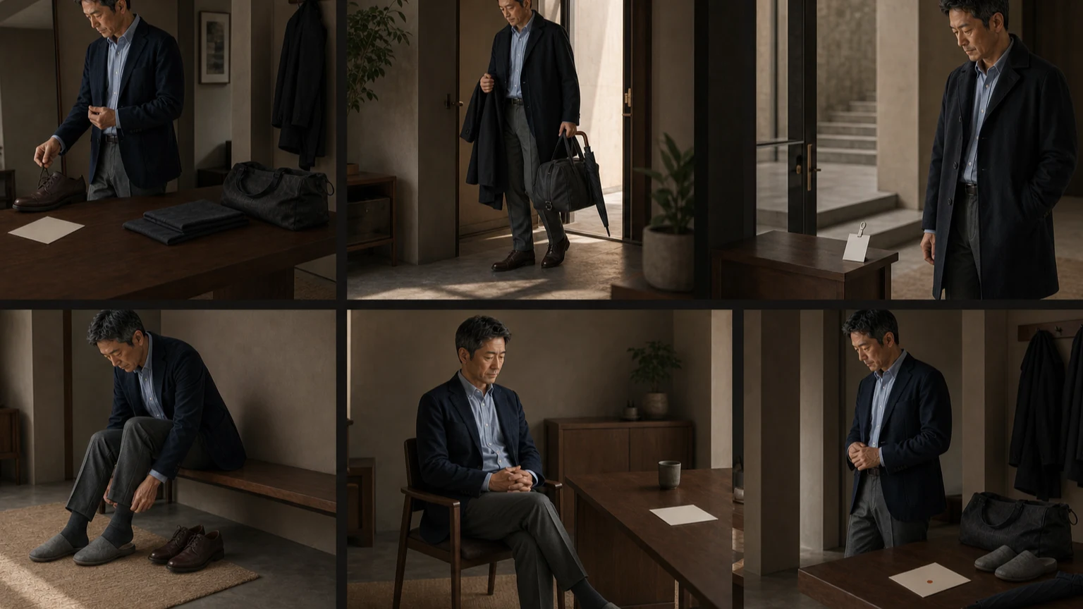 네이비 재킷과 블루 셔츠, 그레이 팬츠를 입은 남성이 전날 옷 상태부터 이동과 학교 출입, 신발 전환, 상담과 귀가까지 순서대로 확인하는 장면