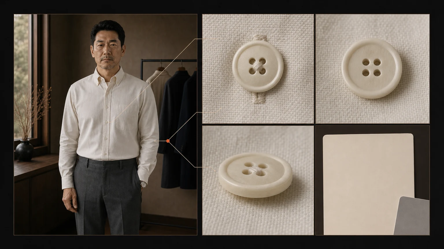 오프화이트 셔츠를 입은 남성의 상반신과 같은 셔츠 단추의 앞면·뒷면·가장자리·구멍 안쪽, 빈 제품 정보 카드를 같은 조명에서 비교한 장면