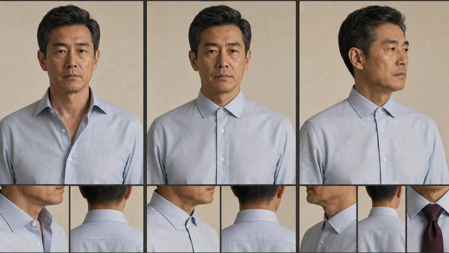 같은 옅은 블루 셔츠의 첫 단추를 풀고 목 단추를 잠근 뒤 정면과 옆, 뒤, 고개 돌림에서 칼라 밴드와 주름을 비교한 장면