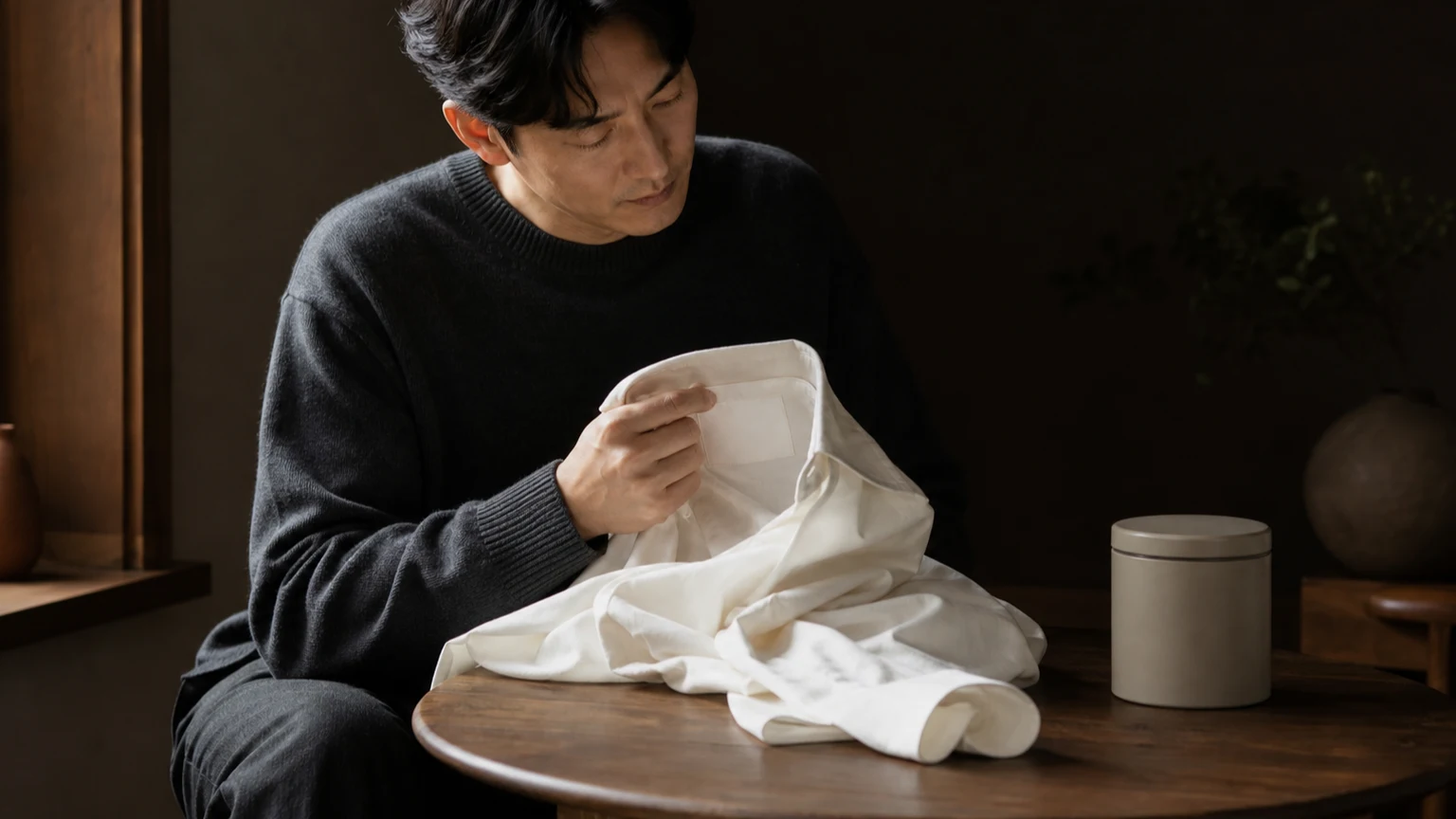 밝은 셔츠와 무표기 관리 용기를 곁에 두고 처리 전 확인을 하는 남성