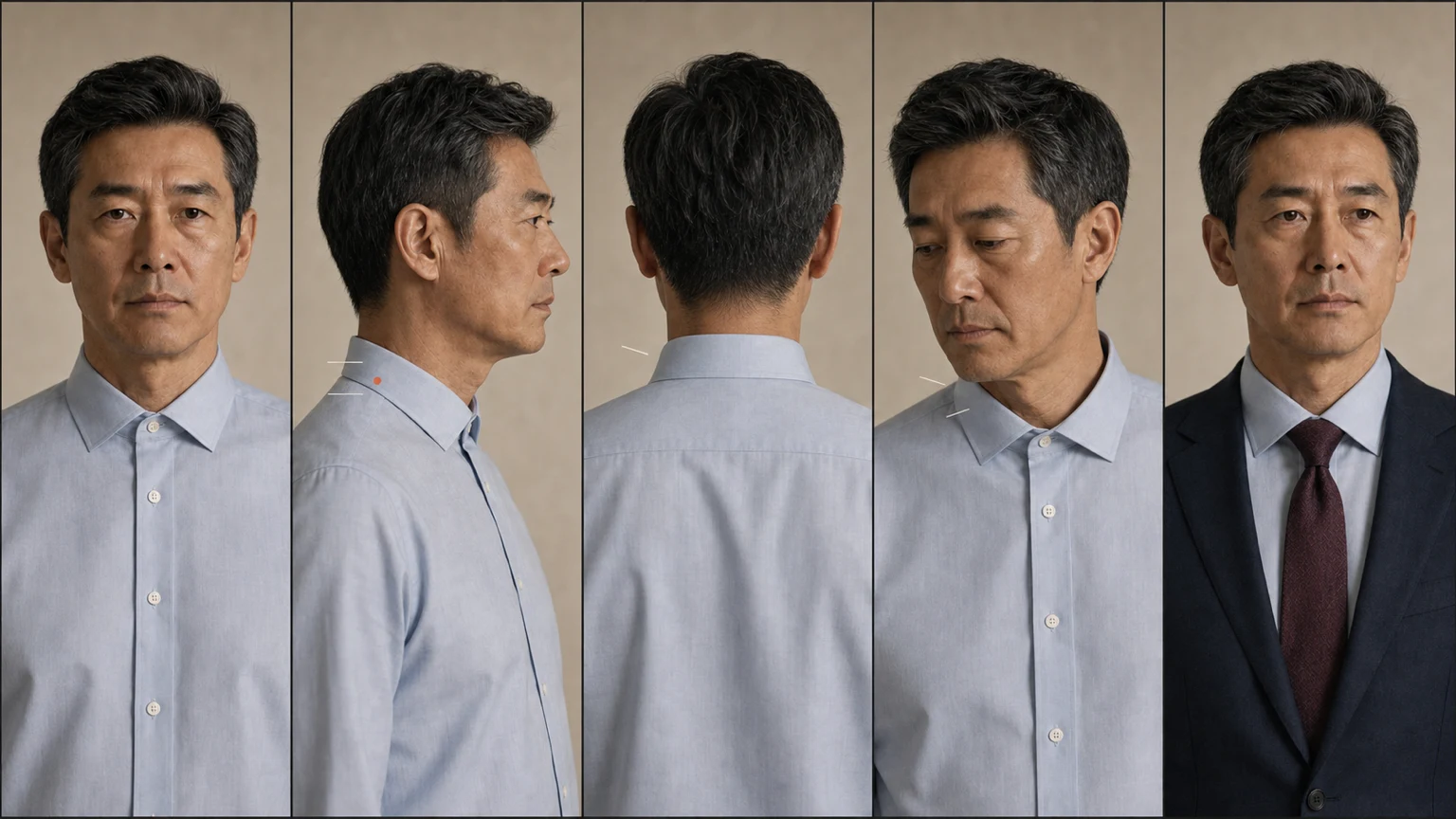 라이트 블루 셔츠를 입은 남성의 잠근 칼라를 정면과 측면, 후면에서 보고 고개를 움직인 뒤 타이와 네이비 재킷을 더해 목 주변 접촉을 비교하는 장면