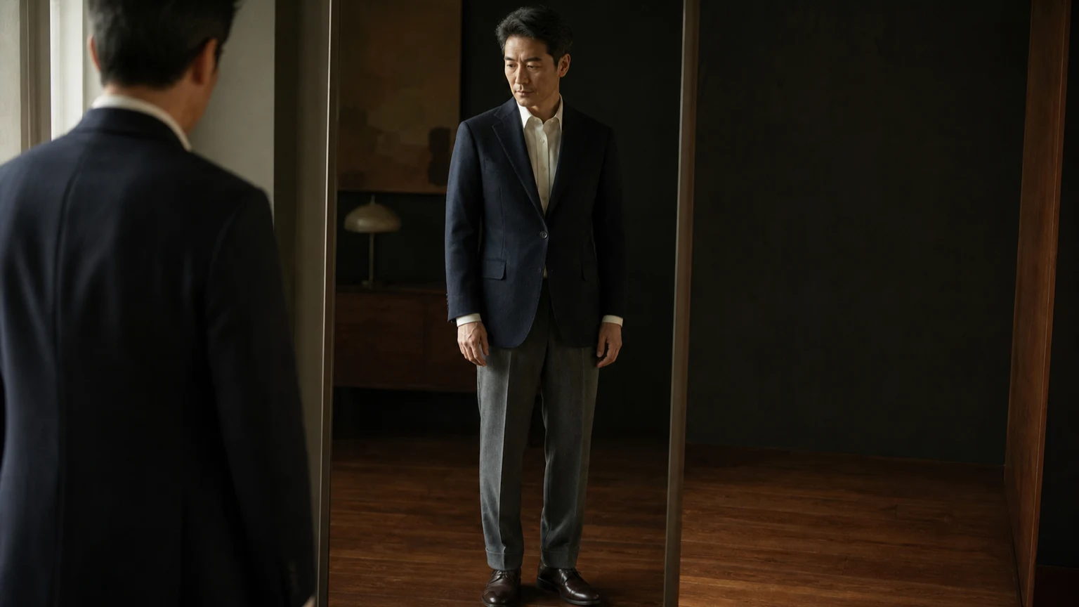 거울 앞에서 팔을 편안히 내린 남성이 셔츠 커프스와 재킷 소매의 관계를 확인하는 모습