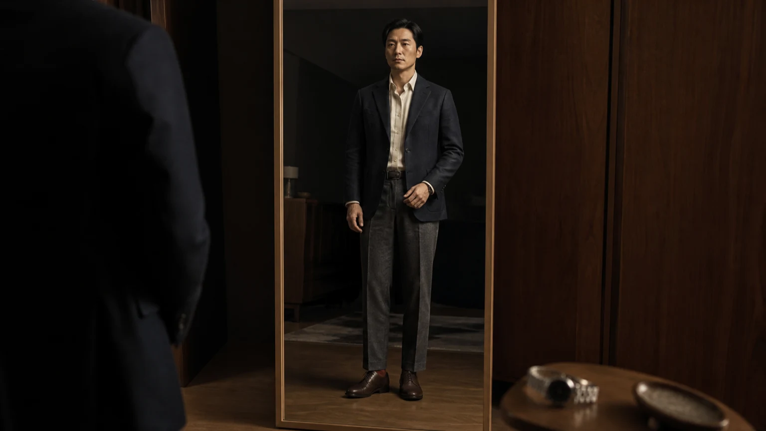 네이비 재킷과 그레이 팬츠, 손목 주변의 전체 비율을 전신 거울에서 확인하는 남성