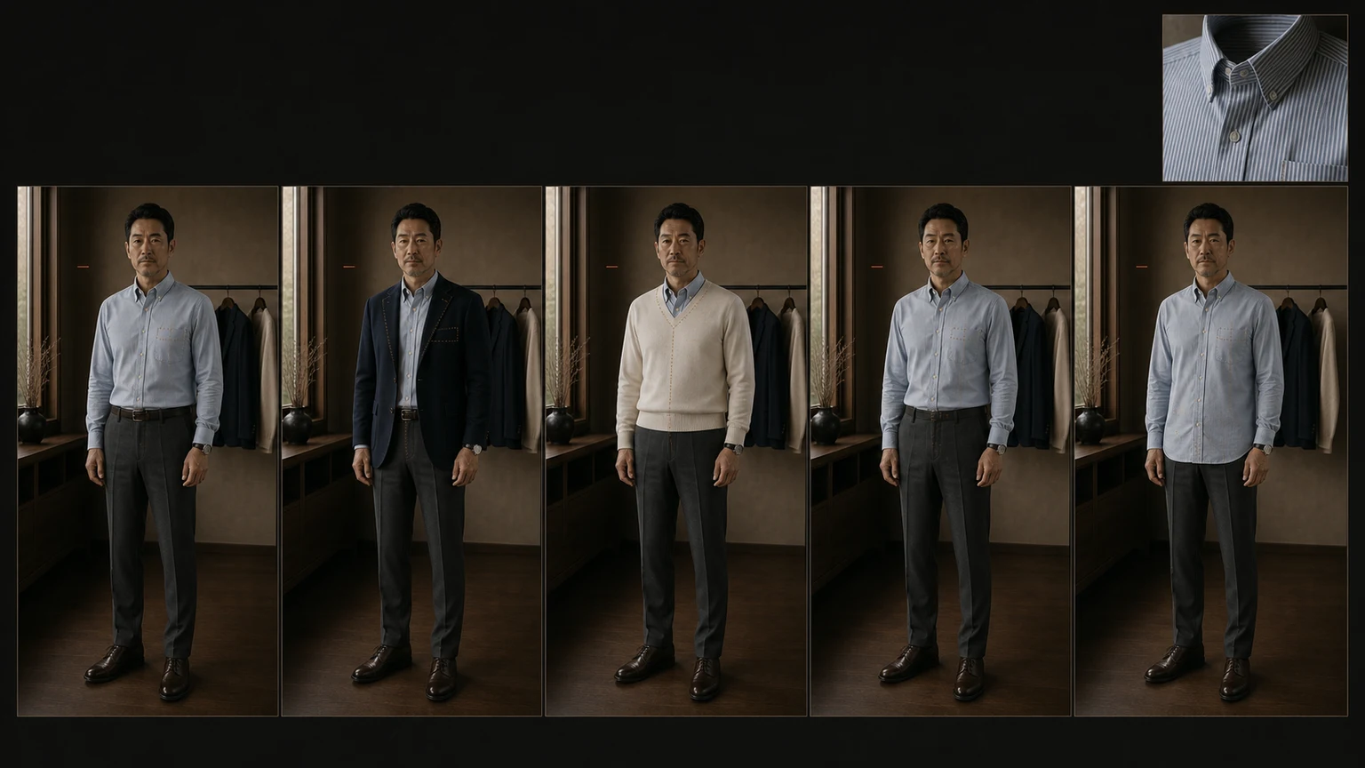 옅은 블루 셔츠와 그레이 팬츠 차림의 같은 남성이 셔츠 단독·네이비 자켓·크림 니트·넣어 입기·빼 입기에서 칼라와 앞중심·레이어 경계를 비교한 장면