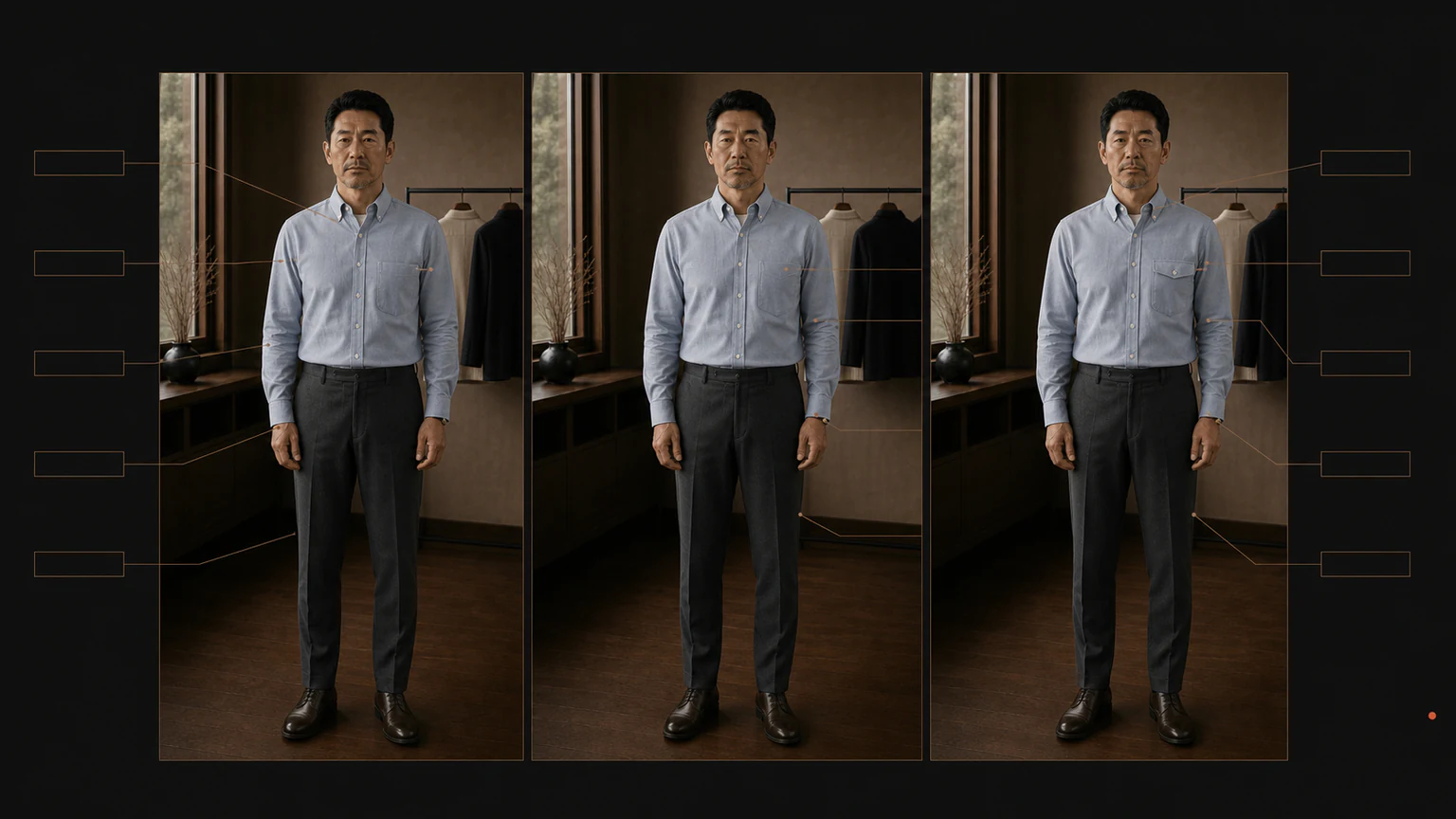 옅은 블루 셔츠와 차콜 팬츠 차림의 같은 남성을 같은 카메라 조건으로 촬영해 왼쪽 포켓의 둥근 외곽·각진 외곽·단추 플랩과 칼라·플래킷 선을 비교한 장면