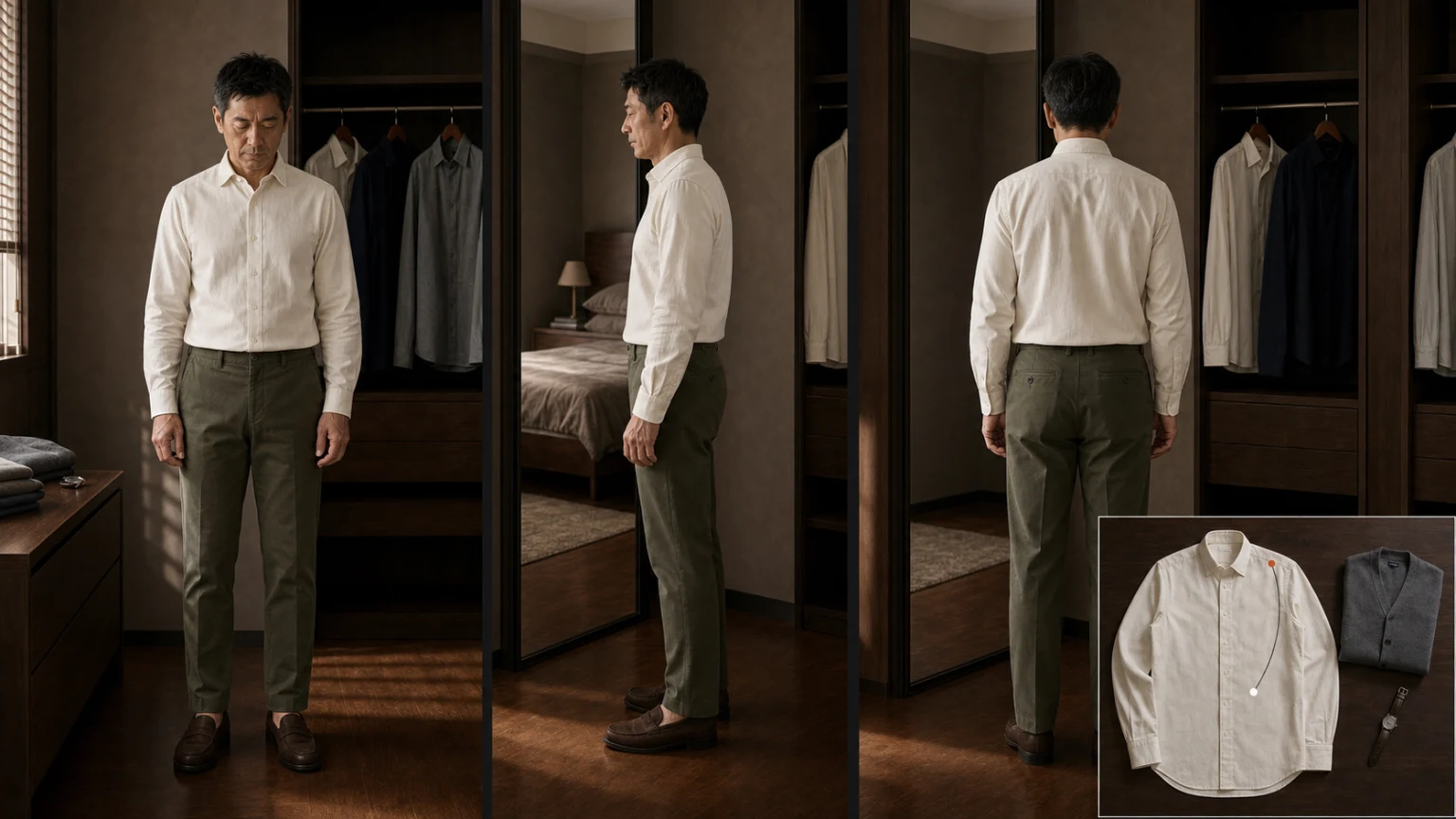 웜 오프화이트 셔츠와 올리브 치노를 입은 남성이 팔을 편하게 내린 정면·측면·후면 모습과 평면 셔츠의 소매 측정 경로를 나란히 확인하는 장면