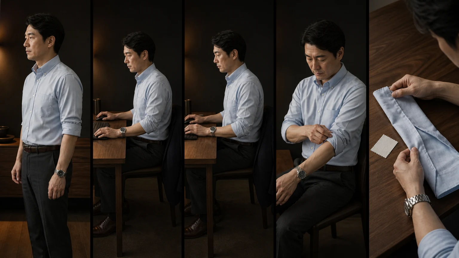 페일 블루 셔츠 소매를 접은 직후부터 책상 동작·시간 후·한 겹씩 풀기·커프와 플래킷 확인까지 이어지는 5단계 장면