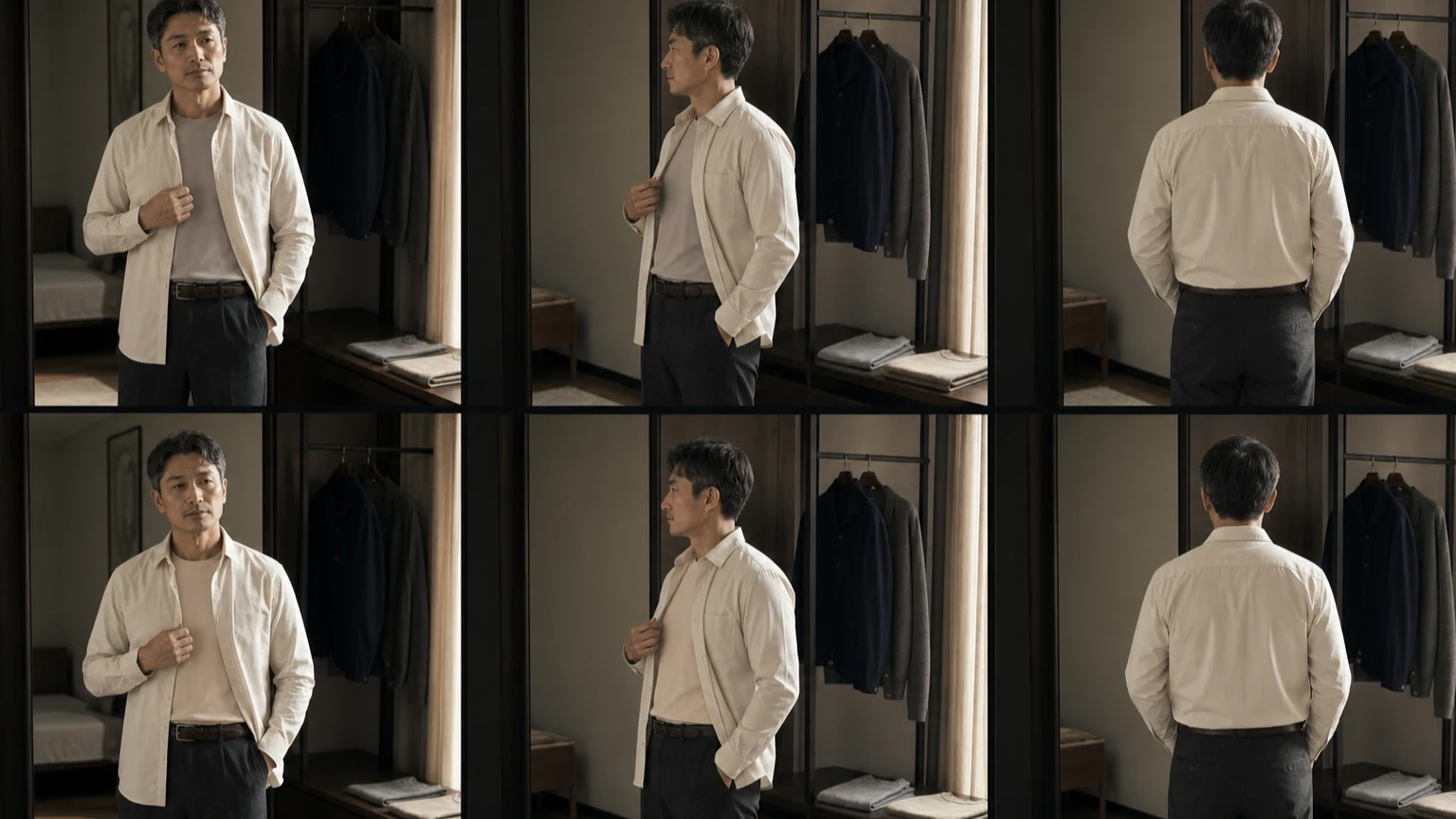 같은 웜 오프화이트 셔츠와 차콜 팬츠를 입은 남성의 정면·측면·후면에서 두 중성색 이너 후보의 목선·소매 끝·몸판·밑단 경계를 같은 빛으로 비교하는 장면
