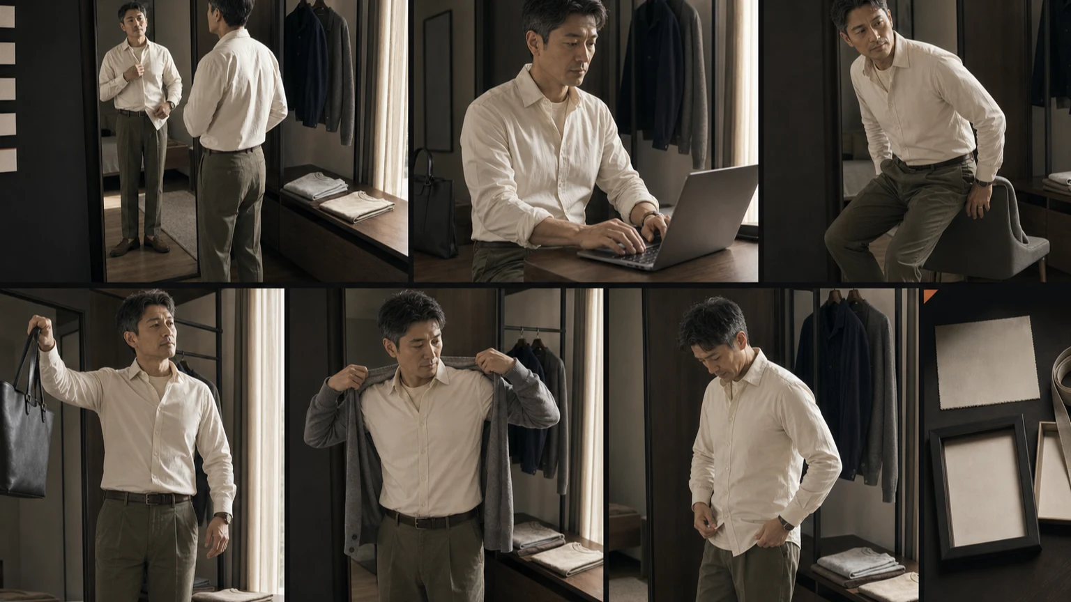 웜 오프화이트 셔츠와 올리브 치노를 입은 남성이 타이핑·앉기·팔 올리기·가방 들기·가디건 착탈 뒤 이너웨어 목선·소매·밑단의 이동을 기록하고 케어라벨과 관리 이력을 확인하는 장면
