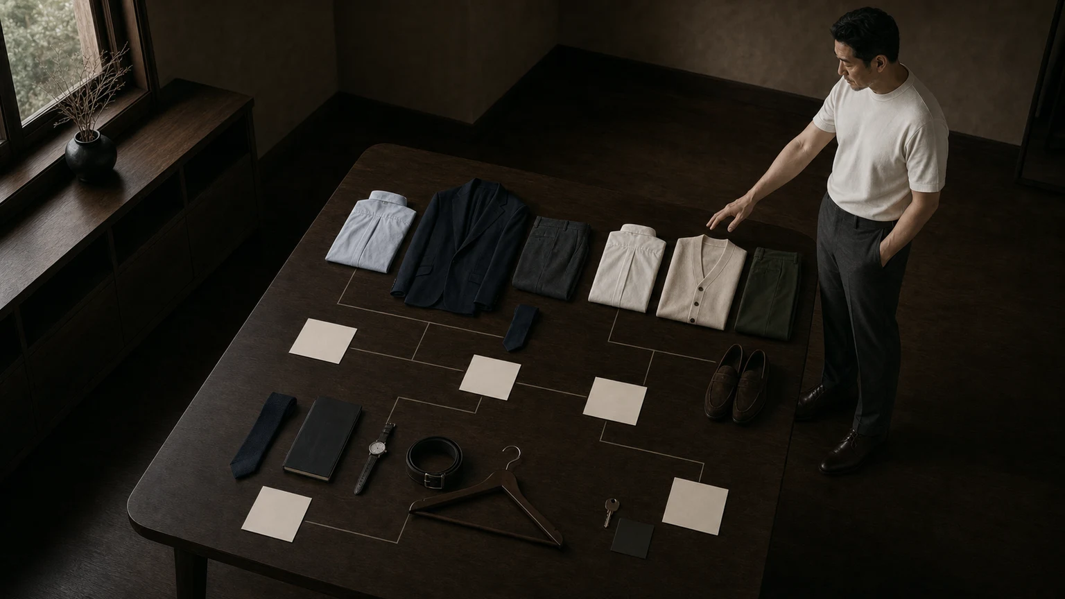 옅은 블루와 오프화이트 셔츠, 네이비 자켓, 크림 가디건, 그레이 팬츠와 올리브 치노를 외부 미팅·내부 업무·가족 식사의 착장 조건과 연결하는 테이블