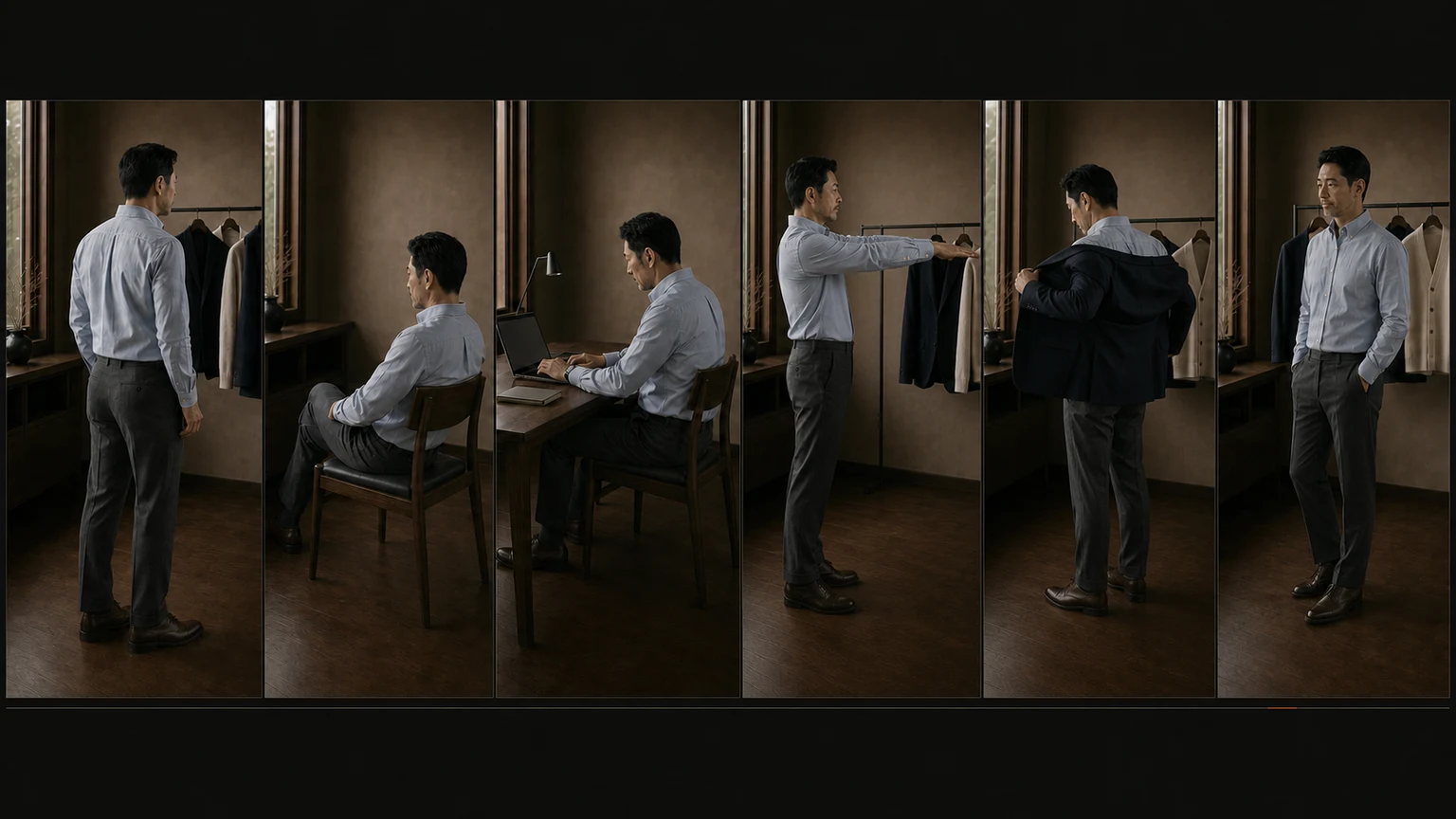 옅은 블루 셔츠와 그레이 팬츠 차림의 같은 남성이 자연 서기·착석·타이핑·팔 뻗기·네이비 자켓 착탈 뒤 요크와 어깨·암홀·등판의 이동과 복귀를 확인하는 여섯 장면