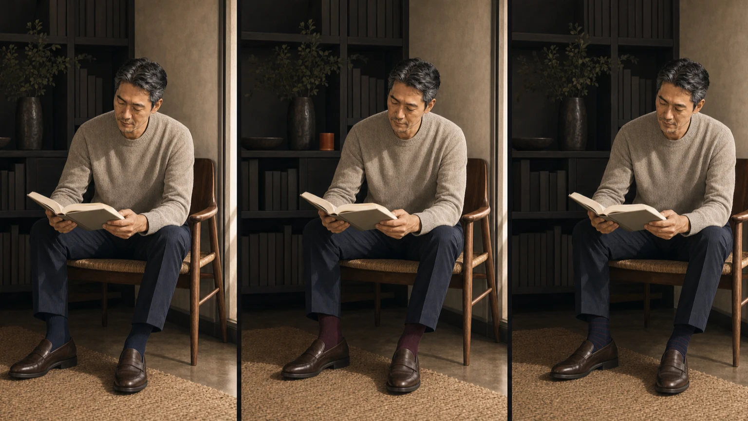서점 좌석에서 네이비 치노와 다크 브라운 로퍼에 네이비 단색과 탁한 버건디 단색, 가는 스트라이프 양말을 비교한 장면