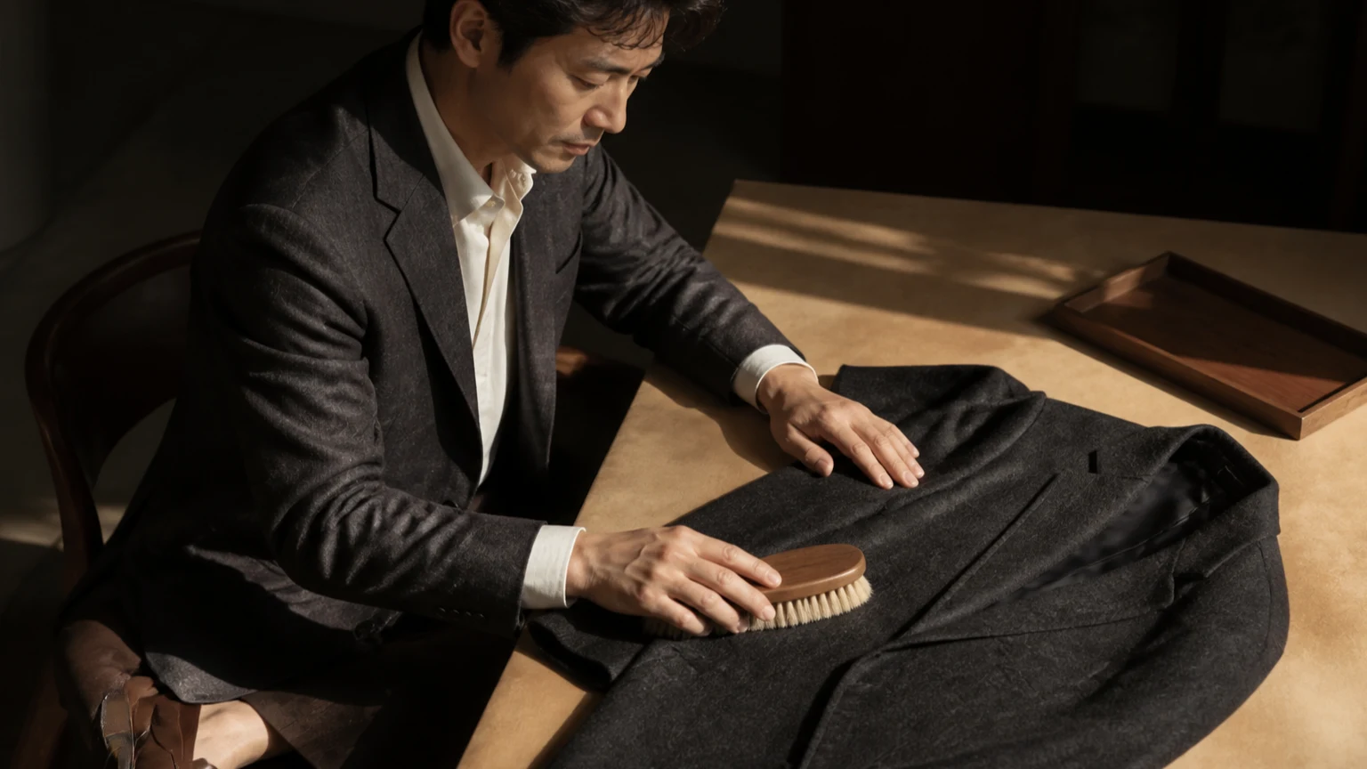 울 재킷의 결 방향을 따라 부드러운 의류용 브러시를 사용하는 장면