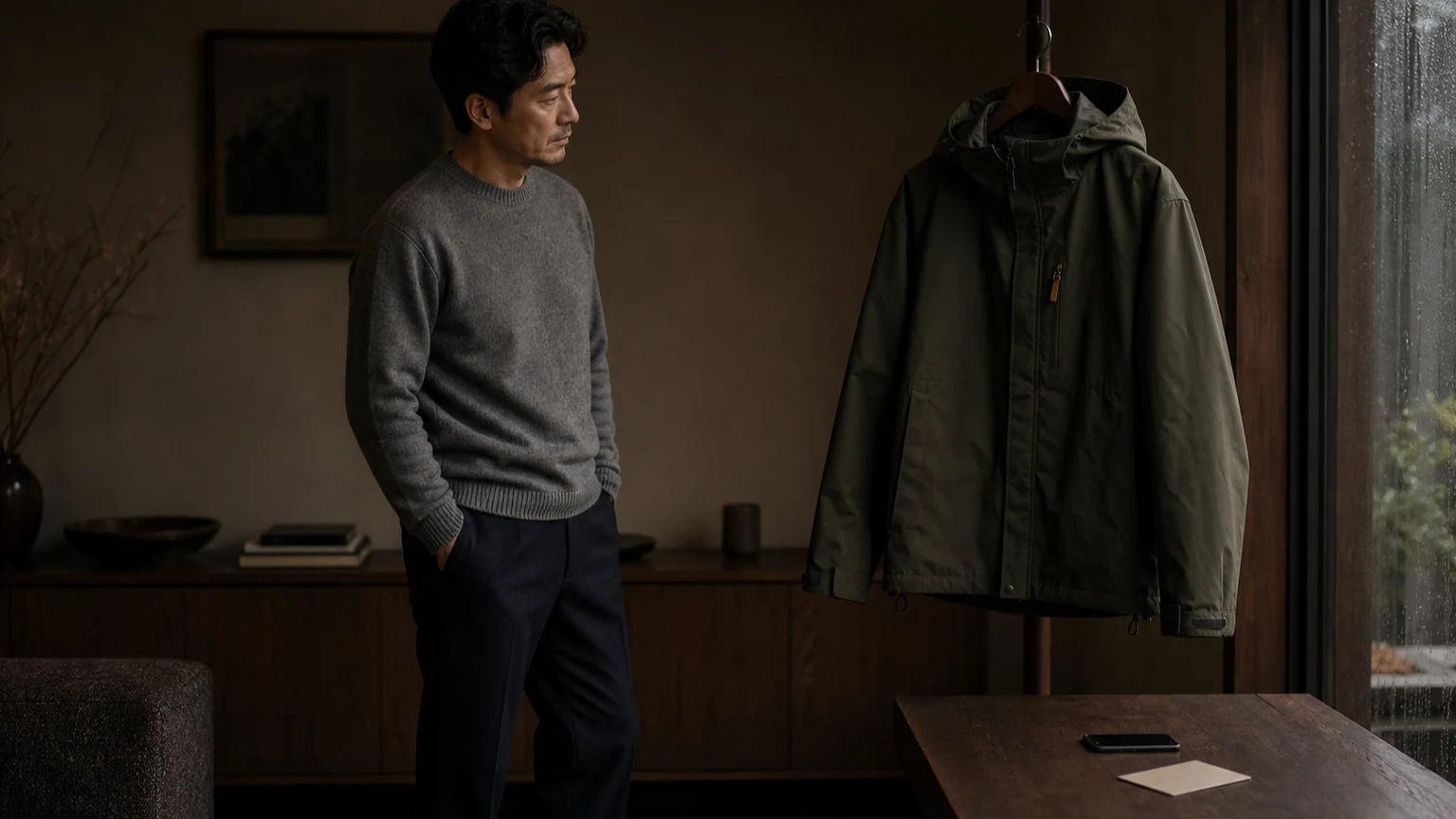기능성 아우터의 상태를 확인하고 관리 경로를 메모하는 남성